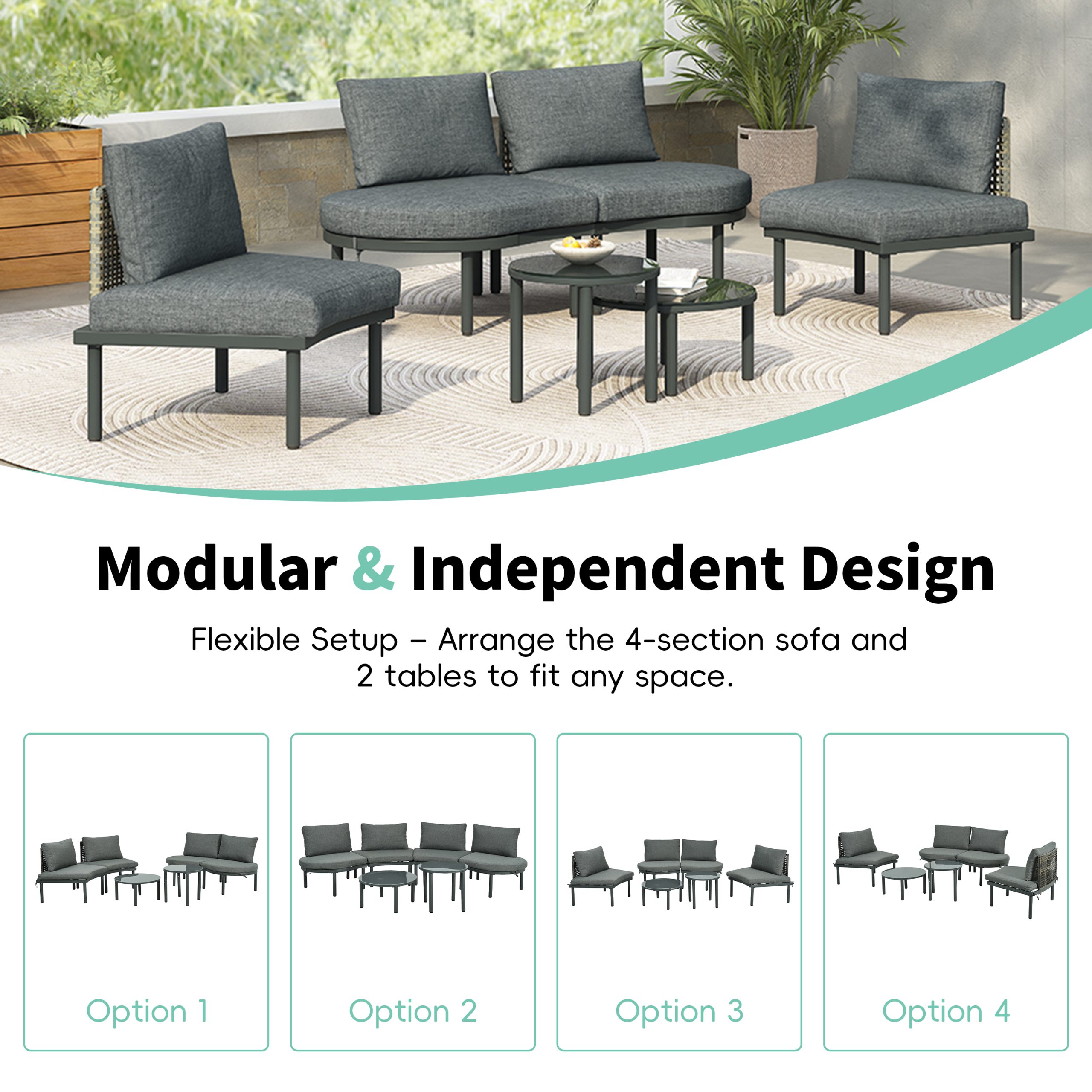 TOPMAX 6-Piece Patio Sofa Furniture Set, Half Moon Outdoor Sectional Sofa with 2 High-Low Coffee Tables, PE Wicker Rattan, Tempered Glass, 4 Pillows & Cushions, for Backyard, Garden, Poolside,Gray - Image 6