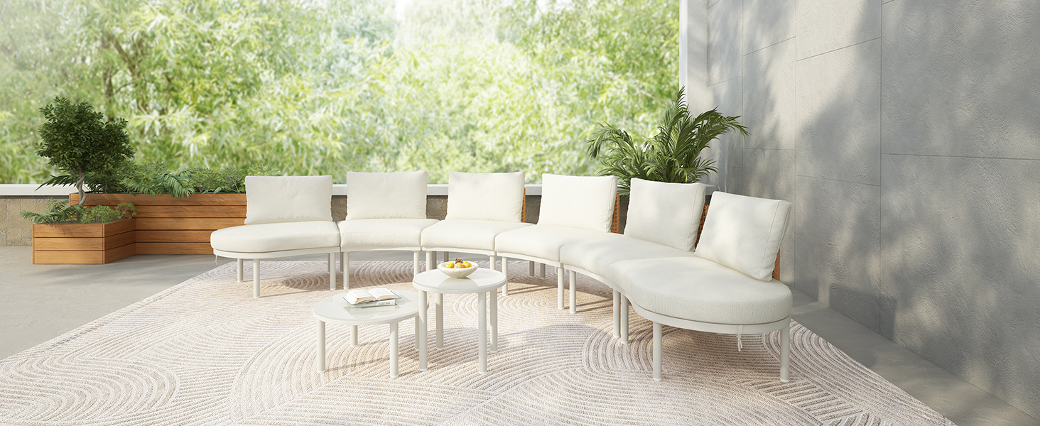 TOPMAX 8-Piece Patio Sofa Furniture Set, Half Moon Outdoor Sectional Sofa with 2 High-Low Coffee Tables, PE Wicker Rattan, Tempered Glass, 6 Pillows & Cushions, for Backyard, Garden, Poolside,Beige - Image 4