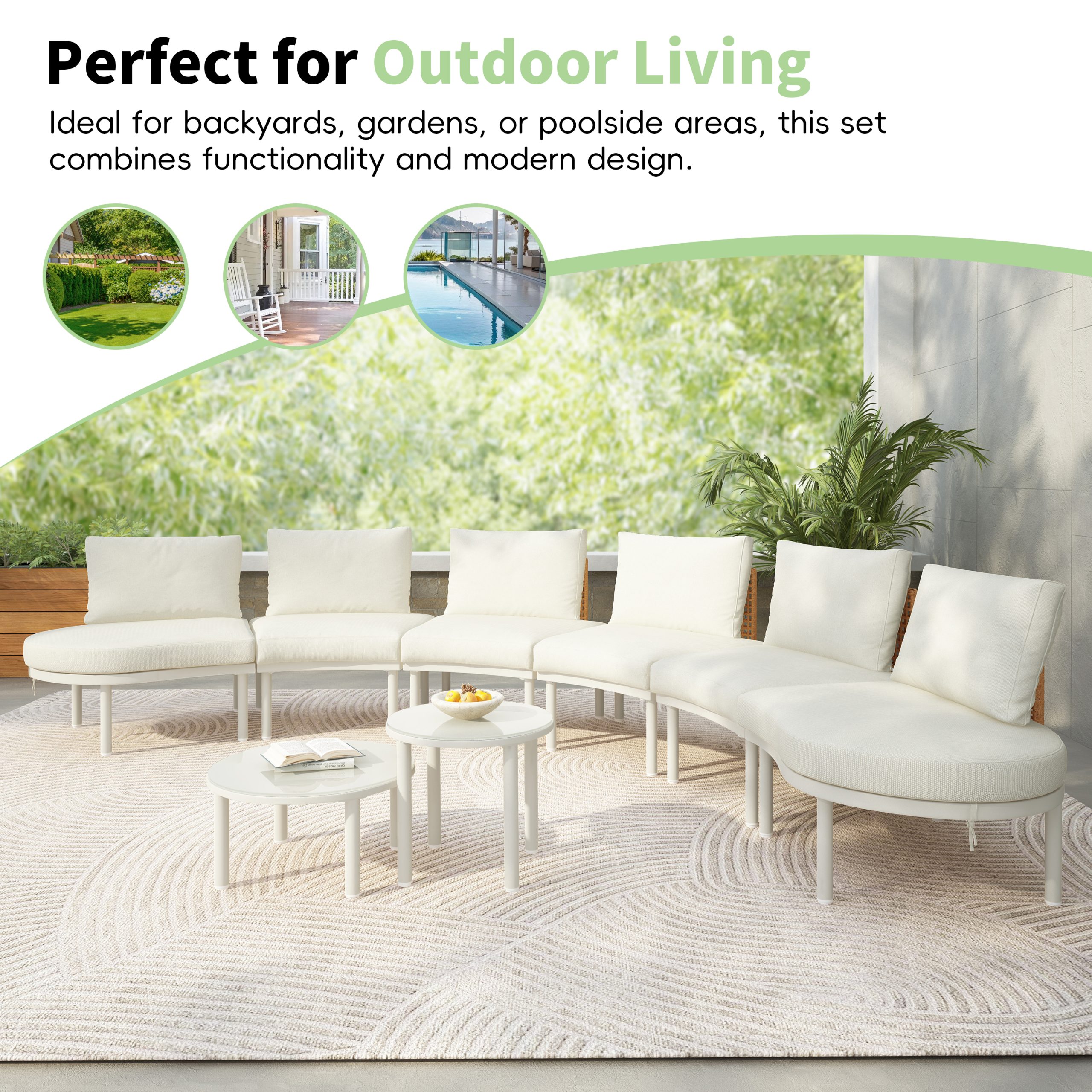 TOPMAX 8-Piece Patio Sofa Furniture Set, Half Moon Outdoor Sectional Sofa with 2 High-Low Coffee Tables, PE Wicker Rattan, Tempered Glass, 6 Pillows & Cushions, for Backyard, Garden, Poolside,Beige - Image 5