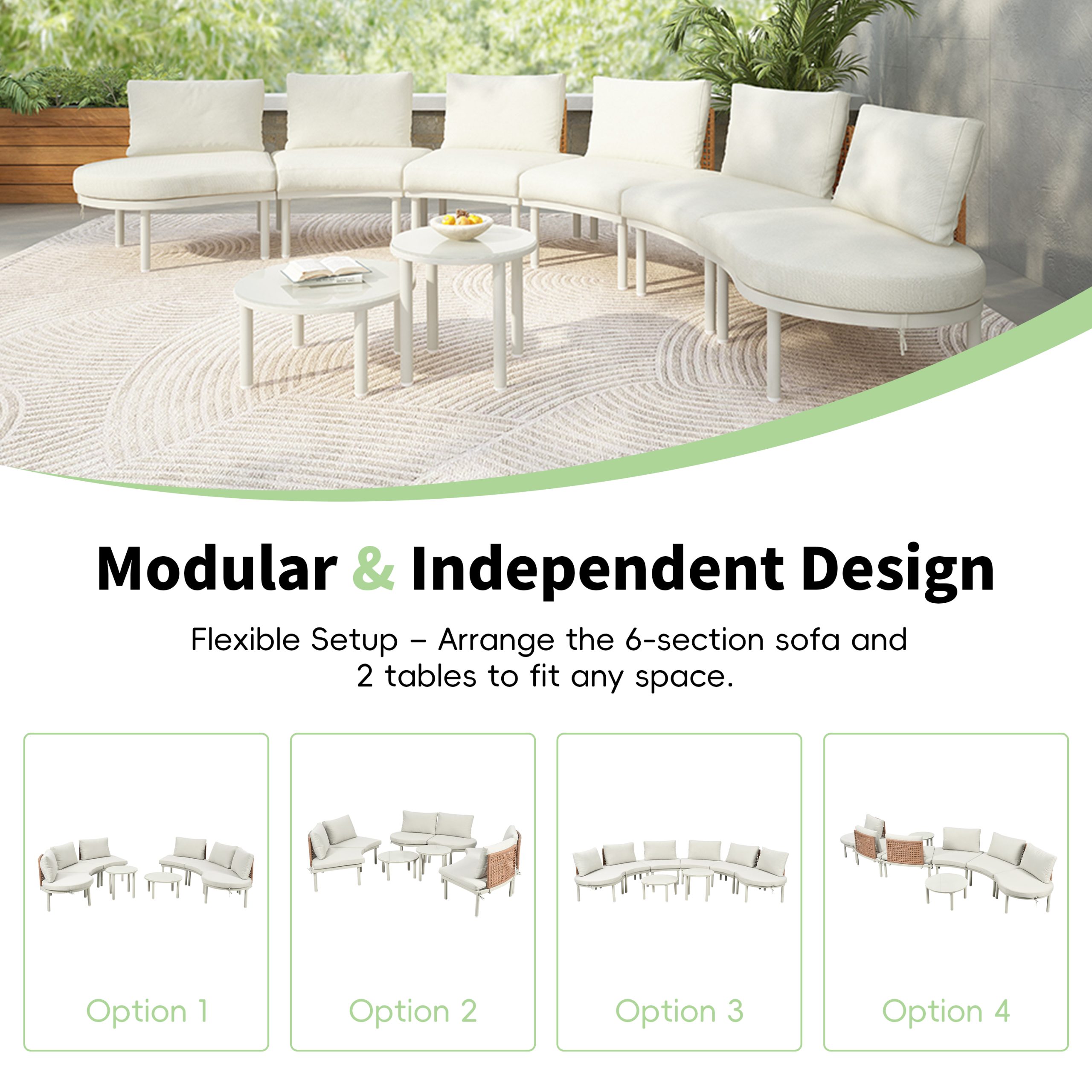 TOPMAX 8-Piece Patio Sofa Furniture Set, Half Moon Outdoor Sectional Sofa with 2 High-Low Coffee Tables, PE Wicker Rattan, Tempered Glass, 6 Pillows & Cushions, for Backyard, Garden, Poolside,Beige - Image 6