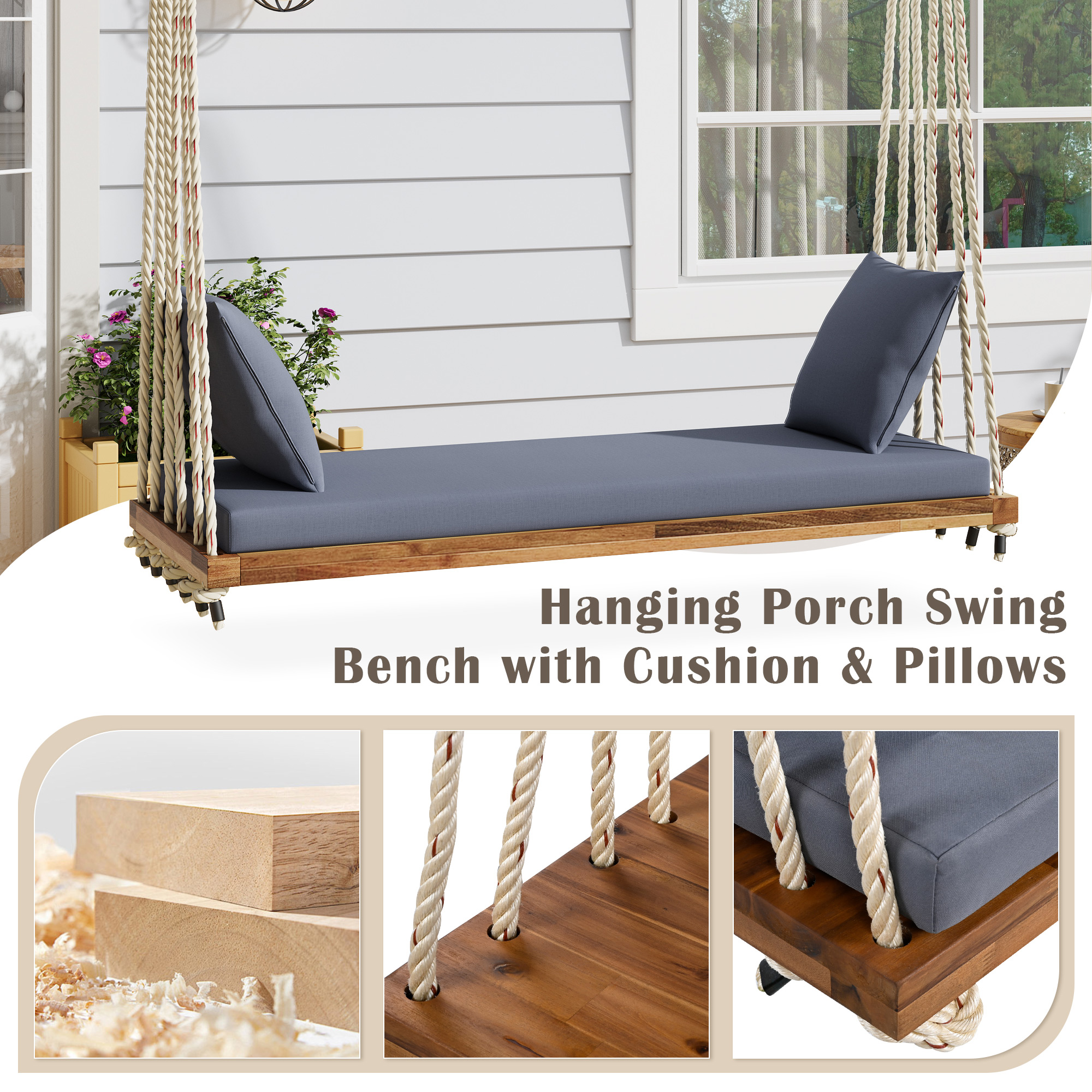 TOPMAX Patio Wooden Swing Chair, Hanging Porch Swing Bench with Cushion&Pillows, 10.8Ft Hemp Ropes for Garden,Backyard, Lawn,Natural - Image 4
