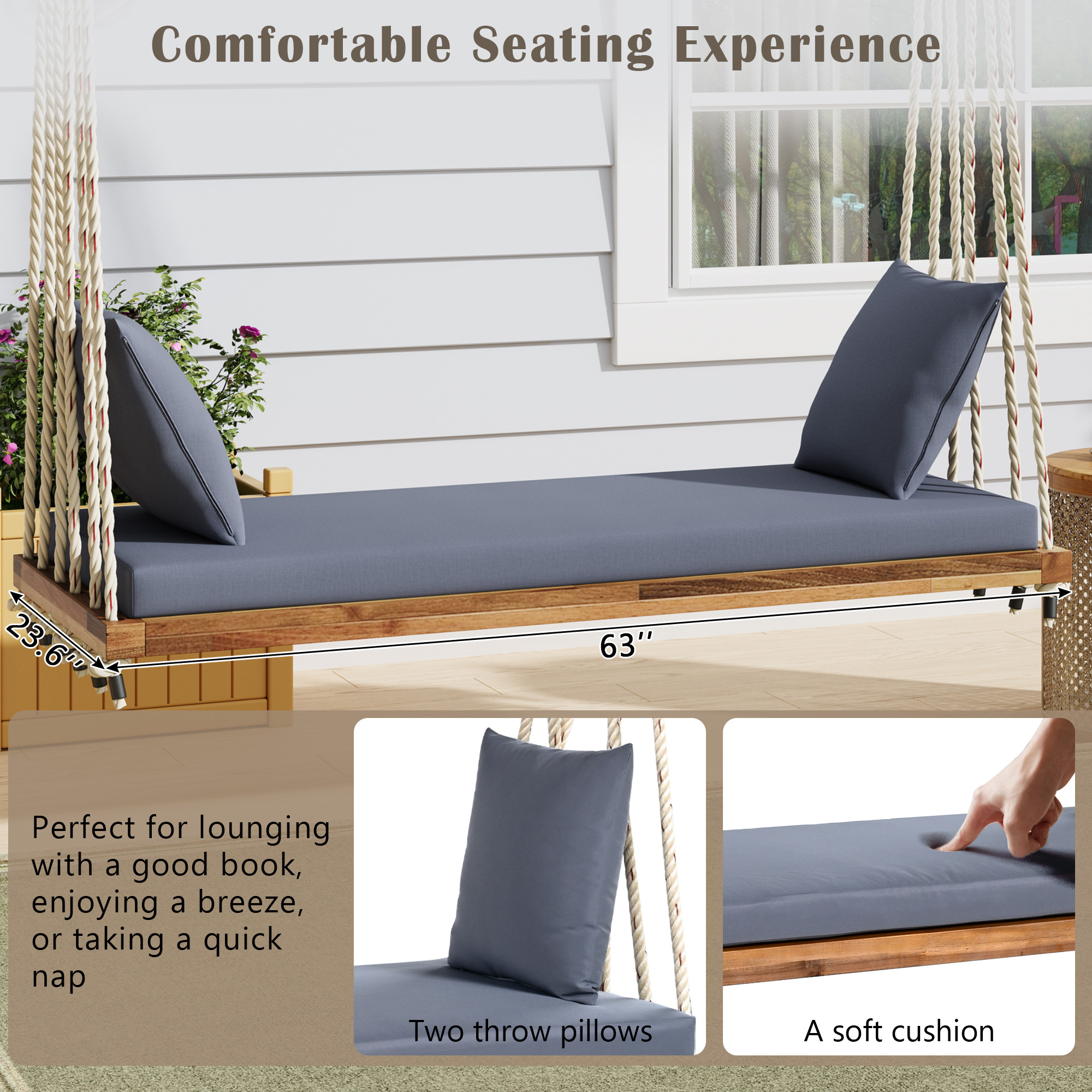 TOPMAX Patio Wooden Swing Chair, Hanging Porch Swing Bench with Cushion&Pillows, 10.8Ft Hemp Ropes for Garden,Backyard, Lawn,Natural - Image 6