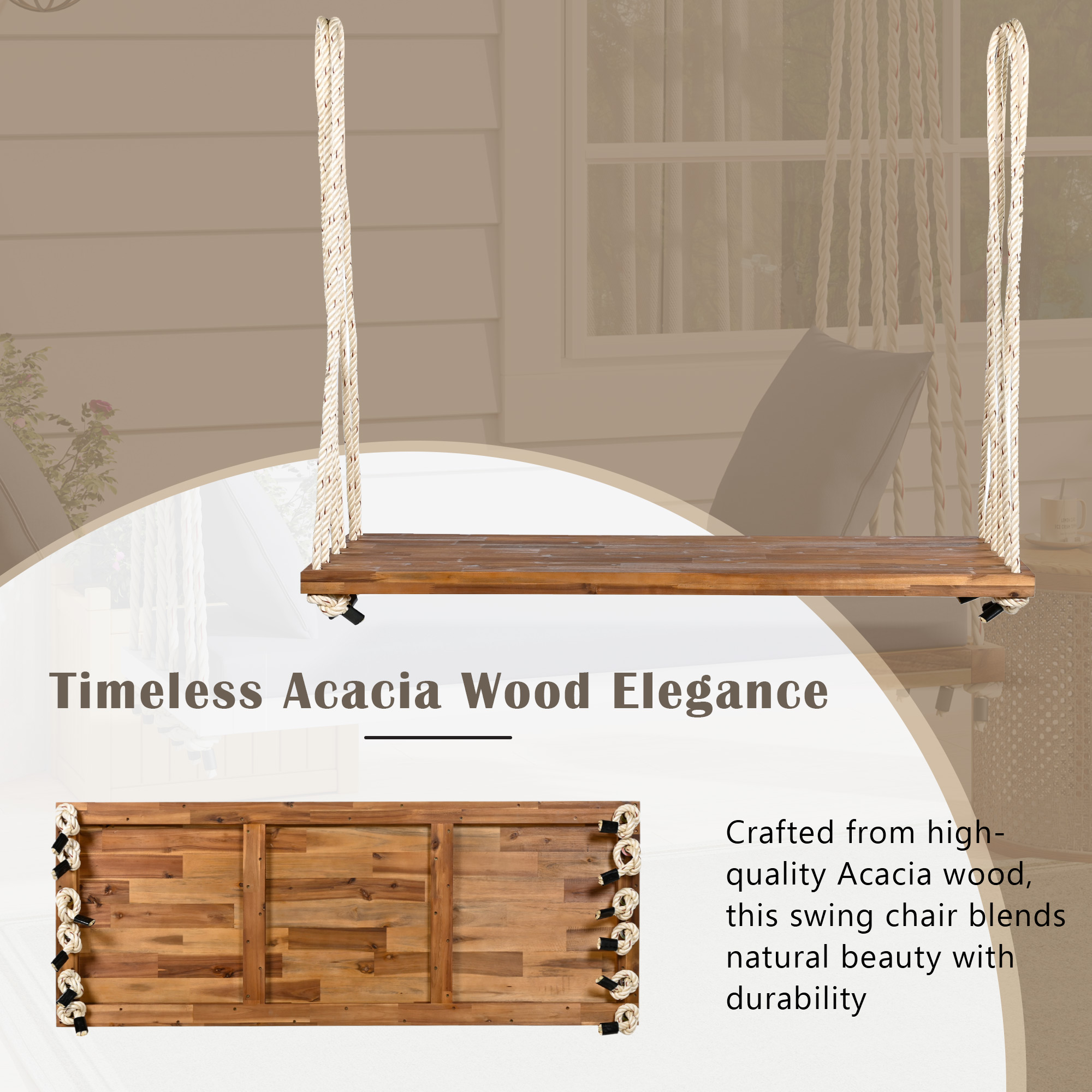 TOPMAX Patio Wooden Swing Chair, Hanging Porch Swing Bench with Cushion&Pillows, 10.8Ft Hemp Ropes for Garden,Backyard, Lawn,Natural - Image 5