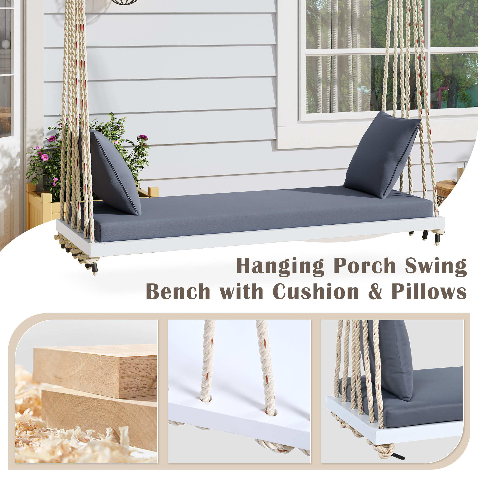 TOPMAX Patio Wooden Swing Chair, Hanging Porch Swing Bench with Cushion&Pillows, 10.8Ft Hemp Ropes for Garden,Backyard, Lawn,White - Image 4