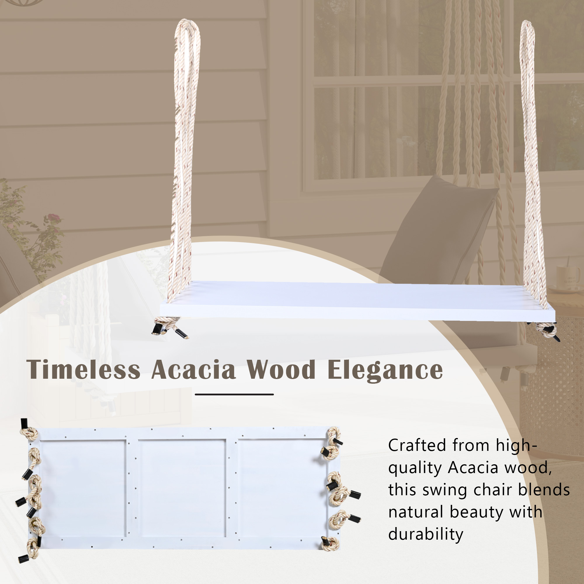 TOPMAX Patio Wooden Swing Chair, Hanging Porch Swing Bench with Cushion&Pillows, 10.8Ft Hemp Ropes for Garden,Backyard, Lawn,White - Image 5