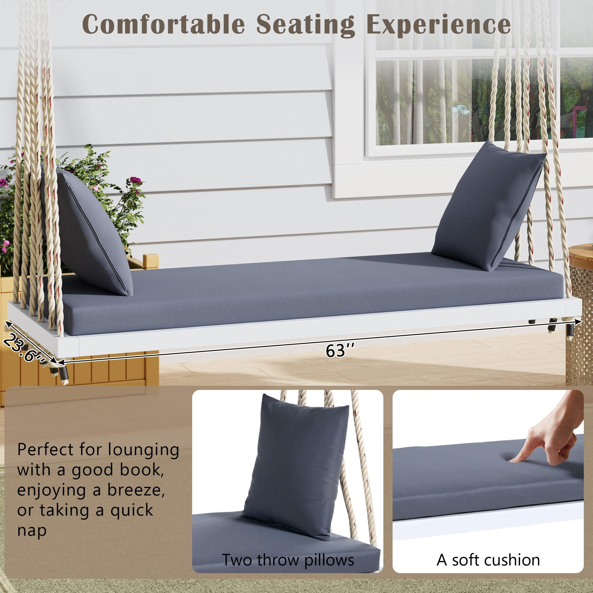 TOPMAX Patio Wooden Swing Chair, Hanging Porch Swing Bench with Cushion&Pillows, 10.8Ft Hemp Ropes for Garden,Backyard, Lawn,White - Image 6