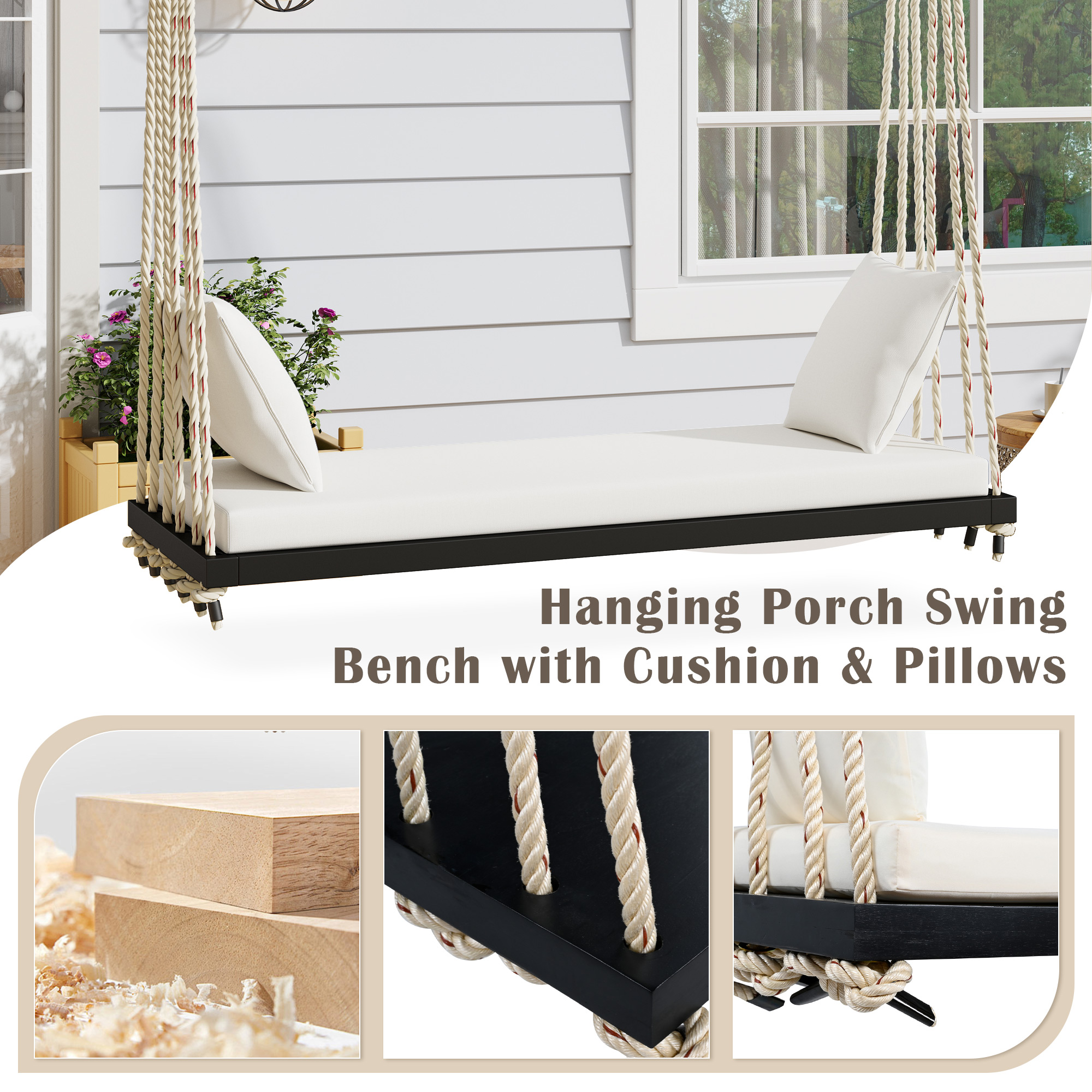TOPMAX Patio Wooden Swing Chair, Hanging Porch Swing Bench with Cushion&Pillows, 10.8Ft Hemp Ropes for Garden,Backyard, Lawn,Black - Image 4
