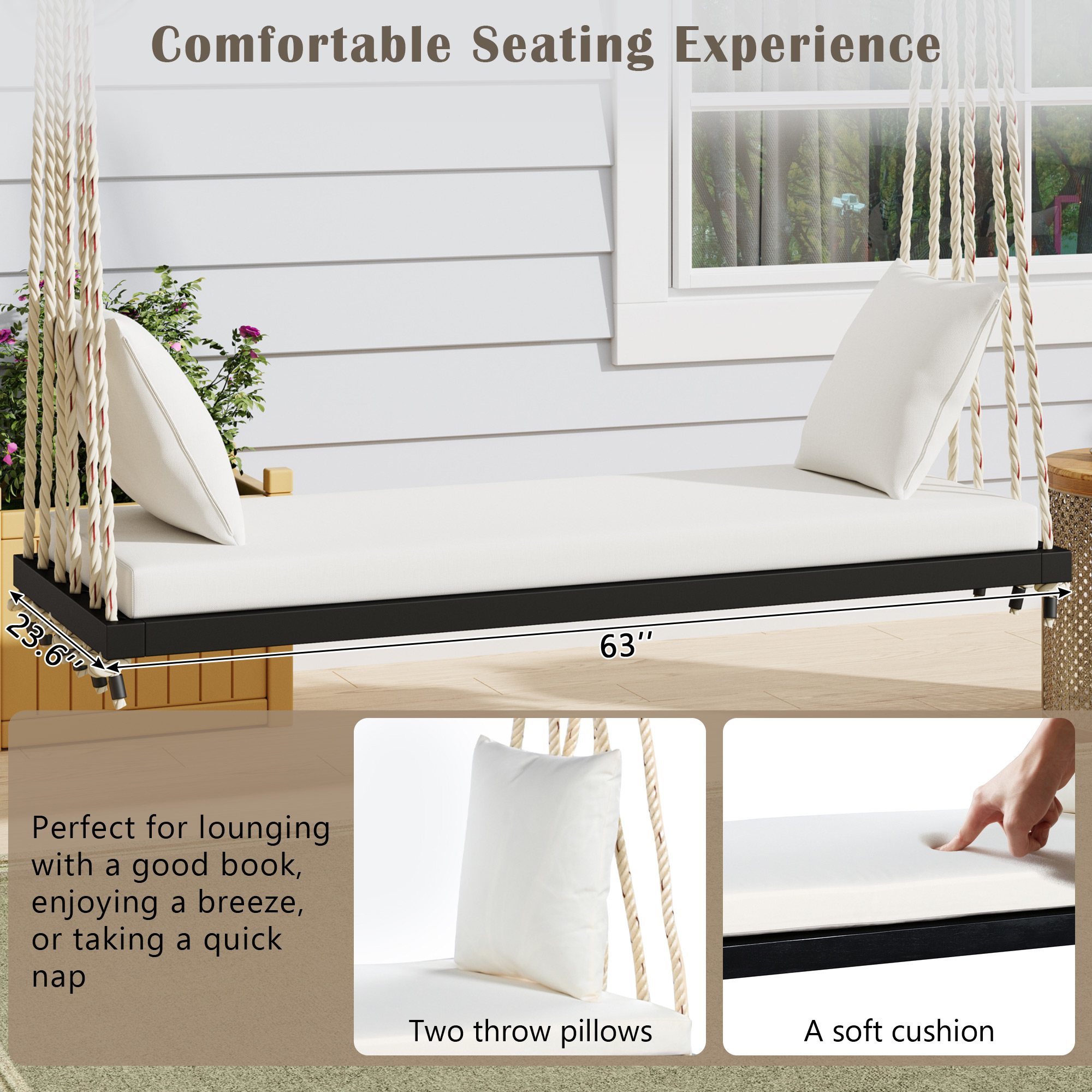 TOPMAX Patio Wooden Swing Chair, Hanging Porch Swing Bench with Cushion&Pillows, 10.8Ft Hemp Ropes for Garden,Backyard, Lawn,Black - Image 6