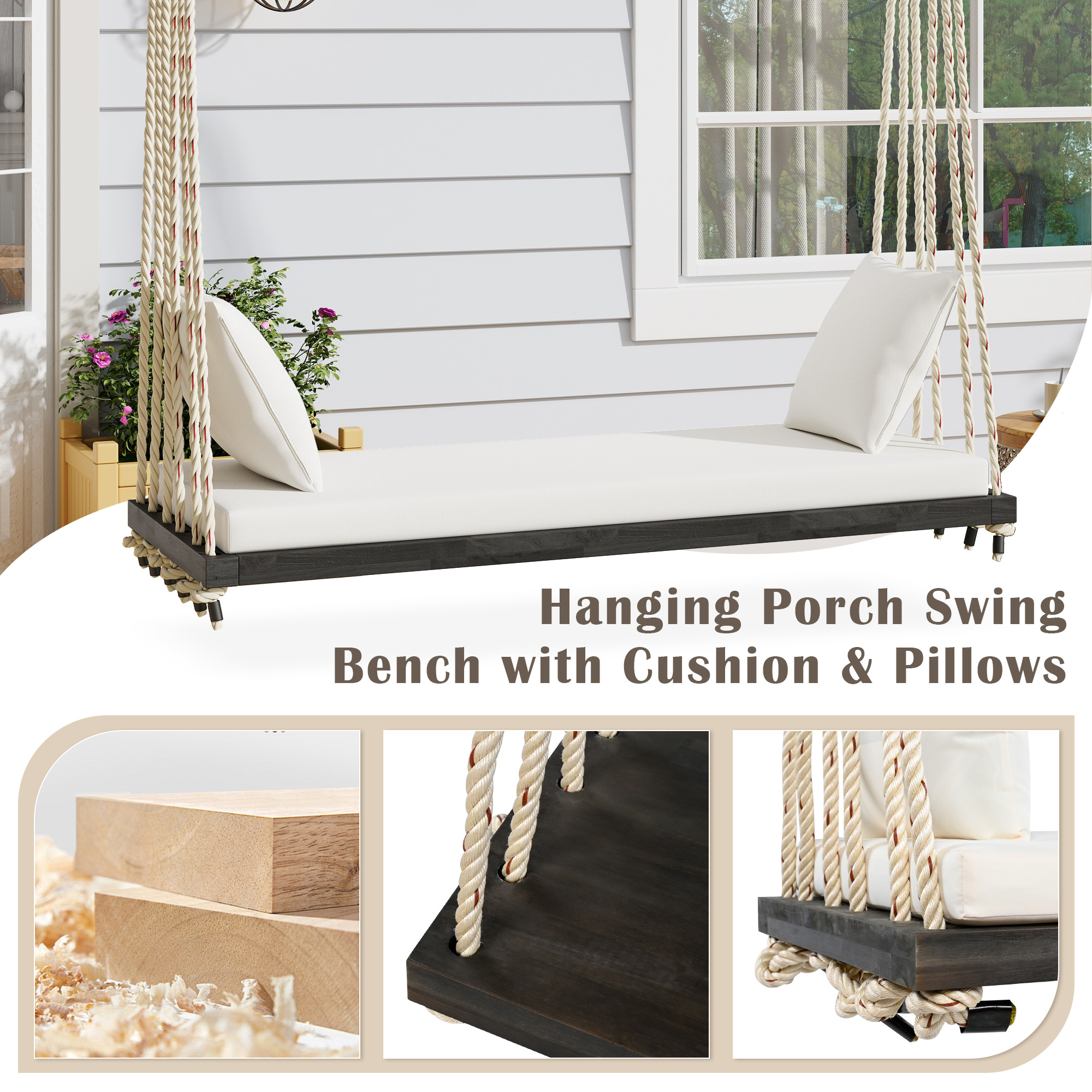 TOPMAX Patio Wooden Swing Chair, Hanging Porch Swing Bench with Cushion&Pillows, 10.8Ft Hemp Ropes for Garden,Backyard, Lawn,Brown - Image 4