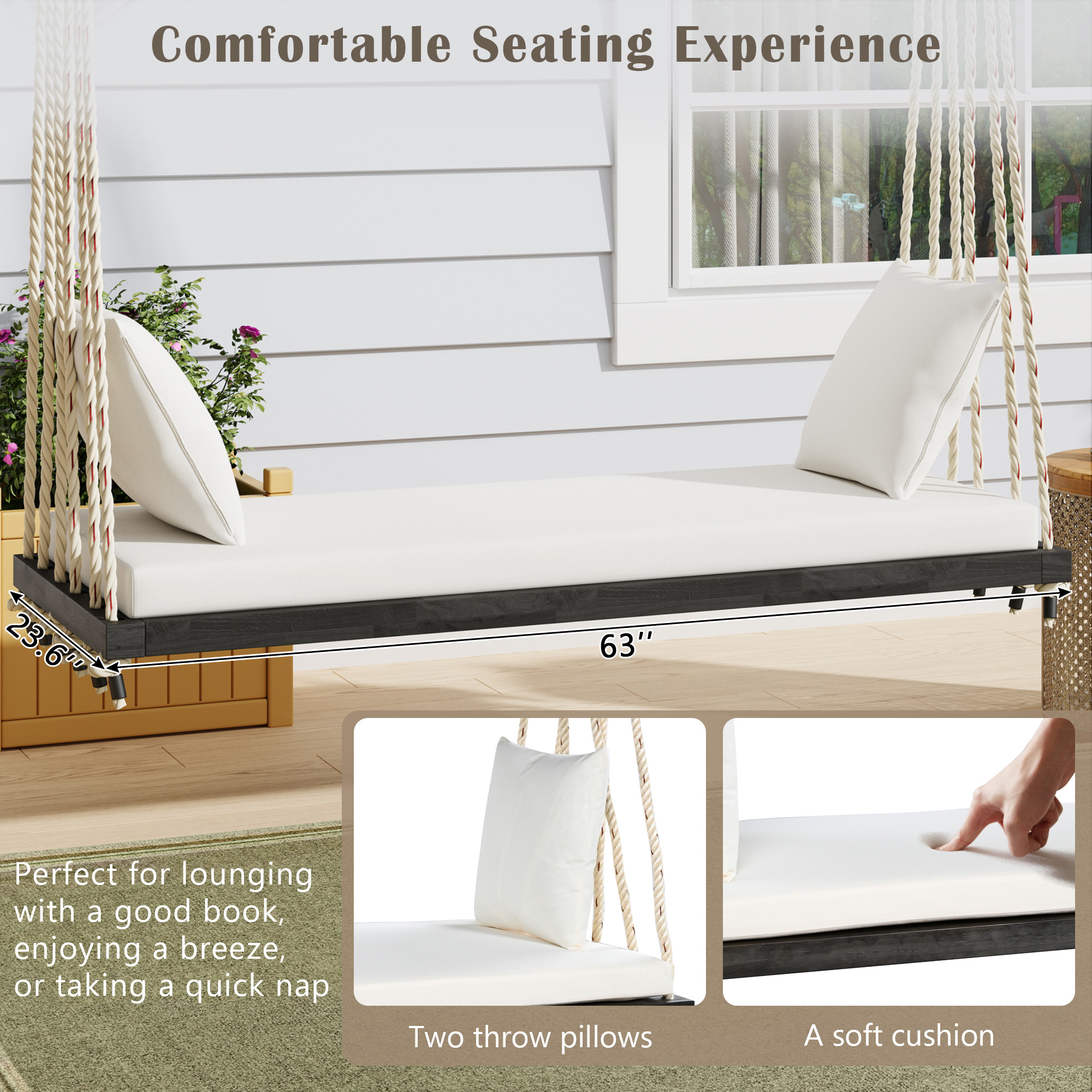 TOPMAX Patio Wooden Swing Chair, Hanging Porch Swing Bench with Cushion&Pillows, 10.8Ft Hemp Ropes for Garden,Backyard, Lawn,Brown - Image 6