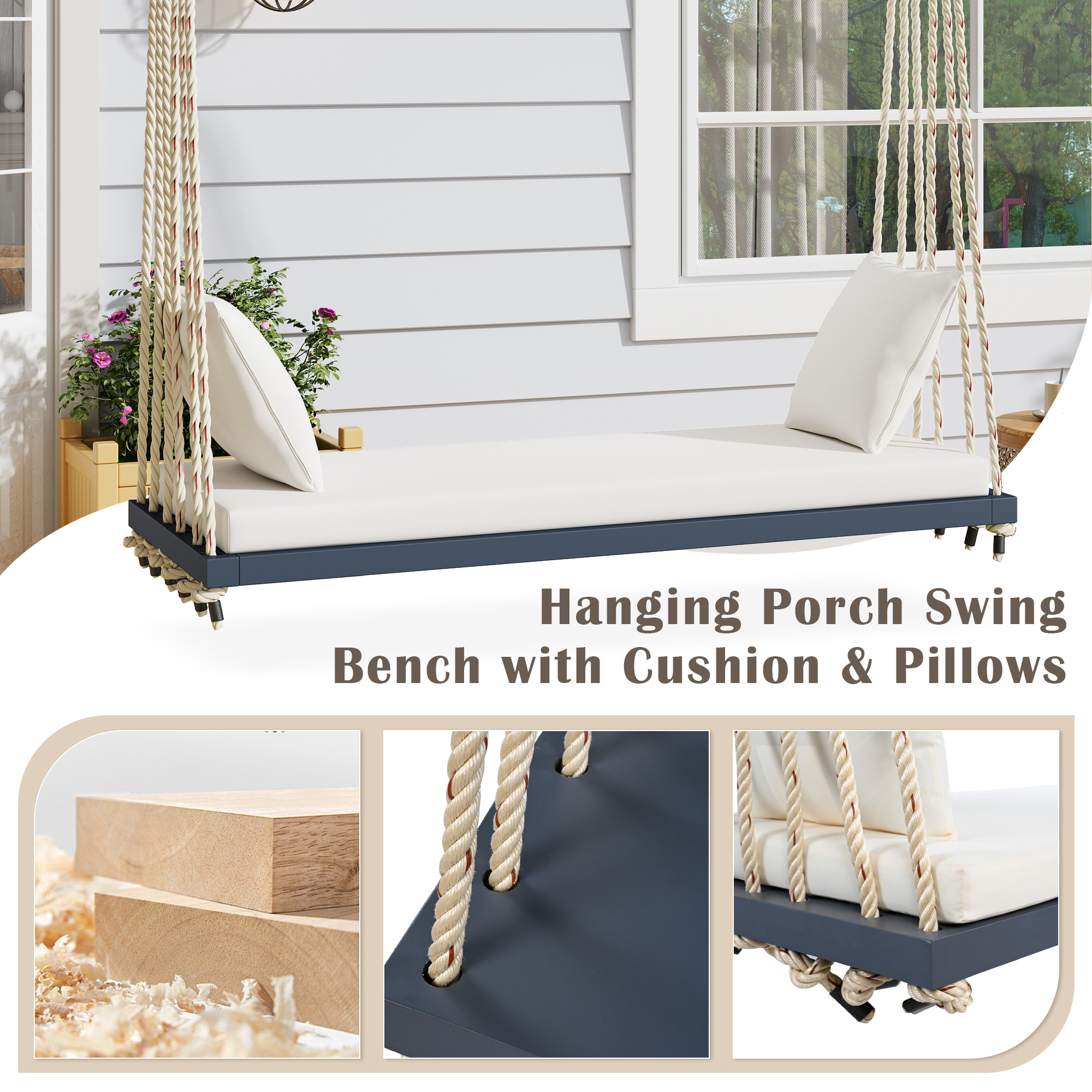 TOPMAX Patio Wooden Swing Chair, Hanging Porch Swing Bench with Cushion&Pillows, 10.8Ft Hemp Ropes for Garden,Backyard, Lawn,Gray - Image 4