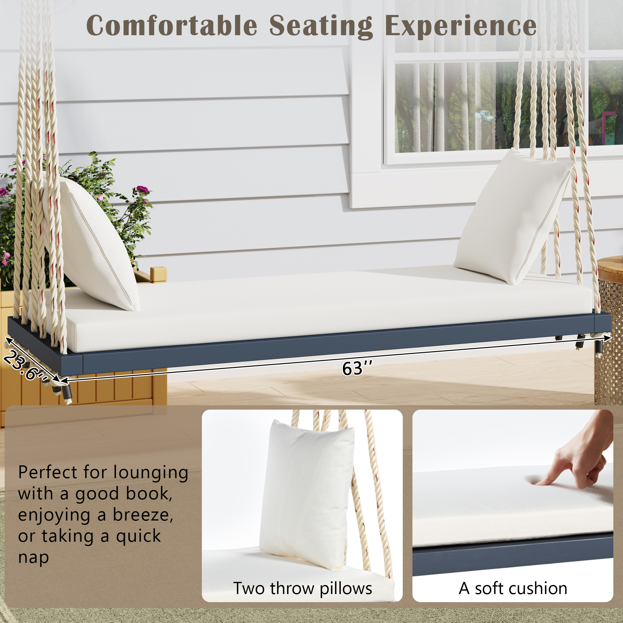 TOPMAX Patio Wooden Swing Chair, Hanging Porch Swing Bench with Cushion&Pillows, 10.8Ft Hemp Ropes for Garden,Backyard, Lawn,Gray - Image 6