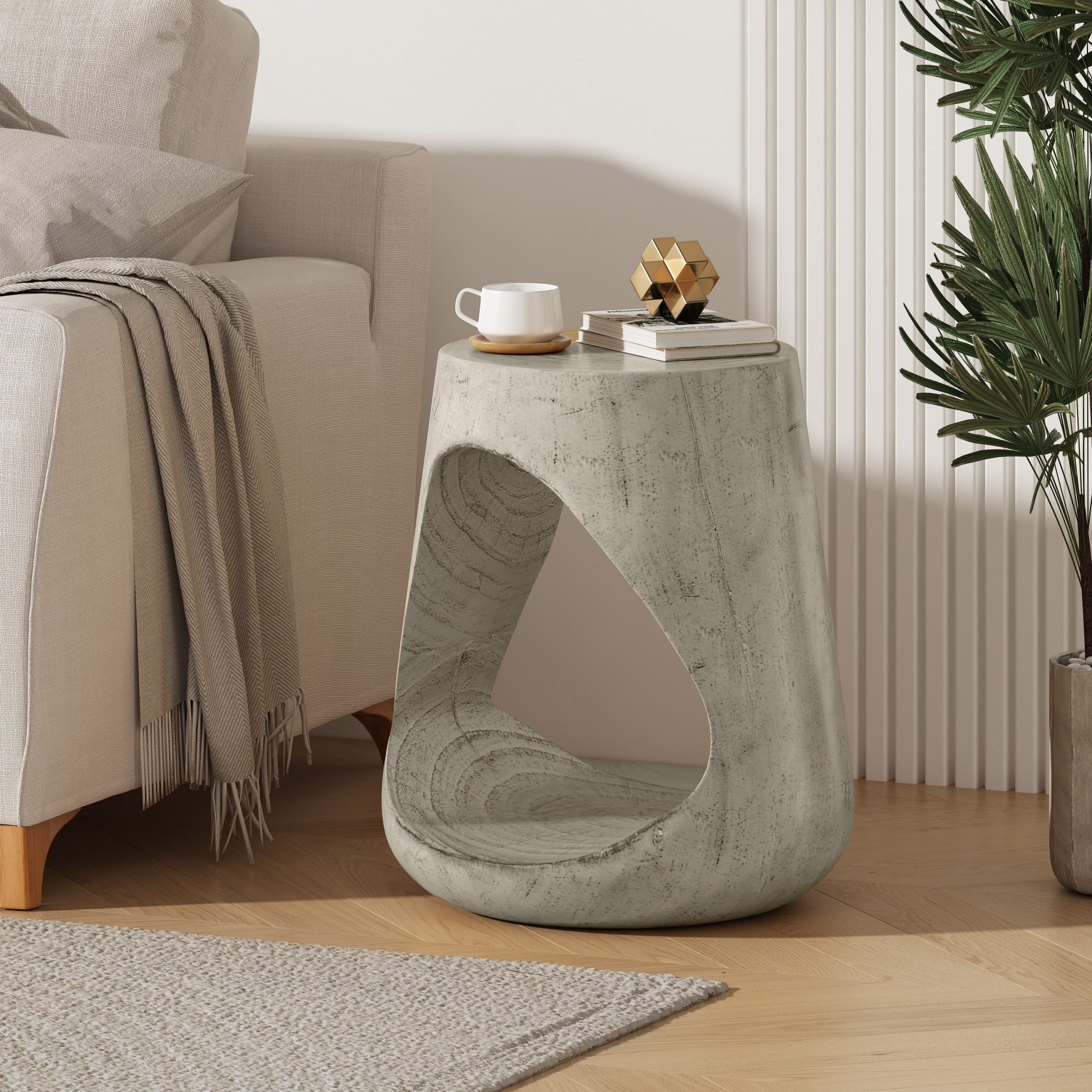 MGO Hollow Side Table, Wood-like texture, GREY Color - Image 2