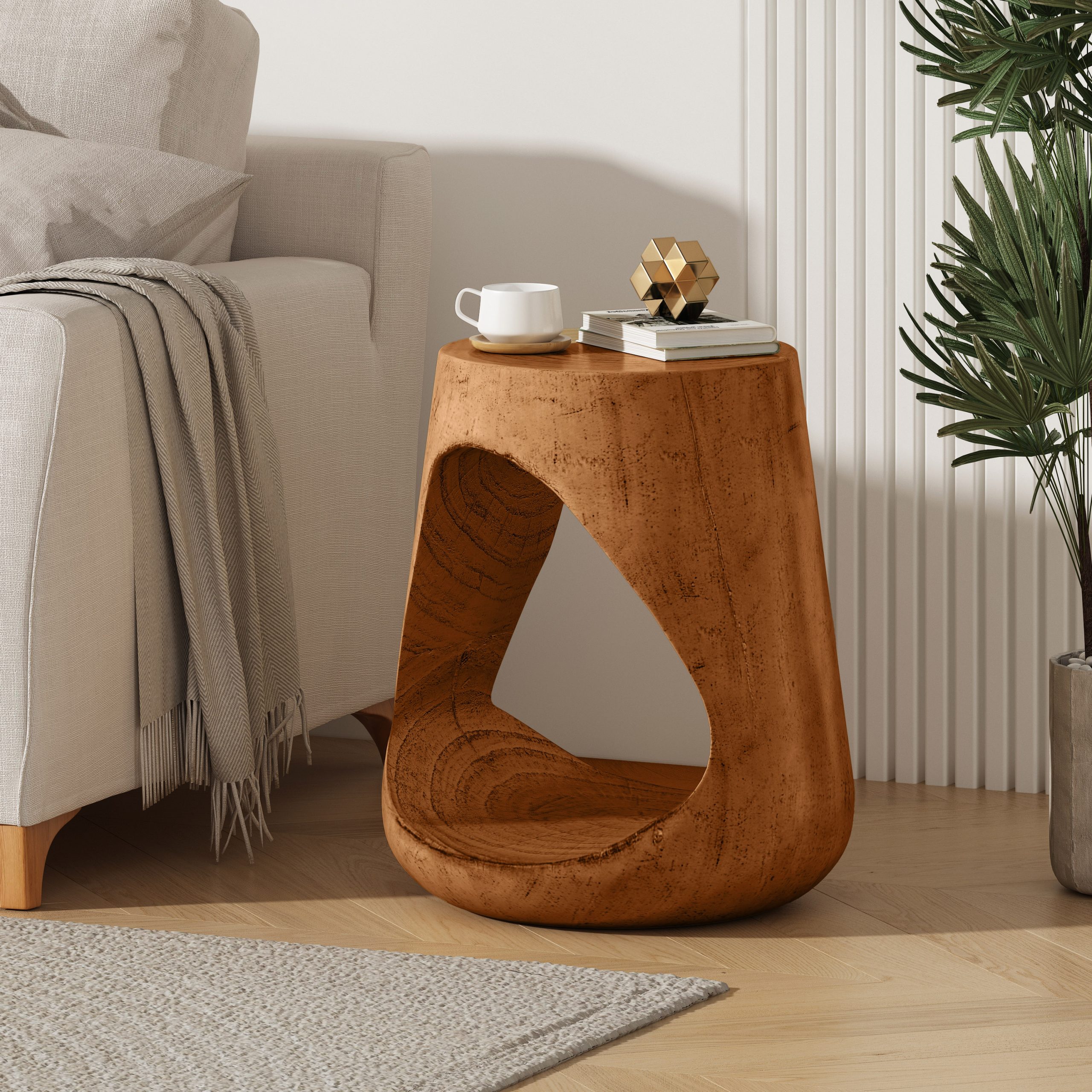 MGO Hollow Side Table, Wood-like texture,antique brown Color - Image 2