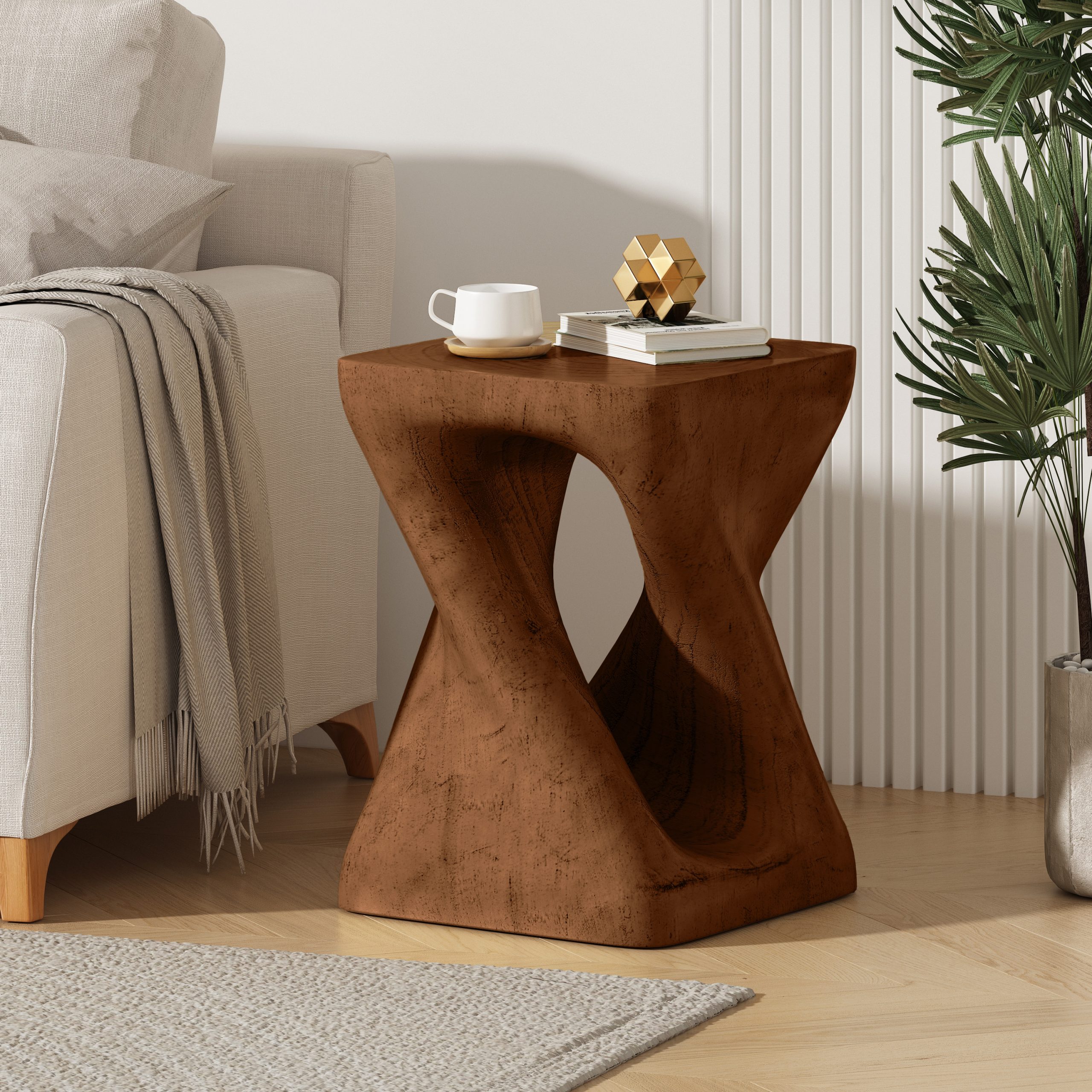 MGO Twist Shape Side Table, Wood-like texture, antique brown Color - Image 2