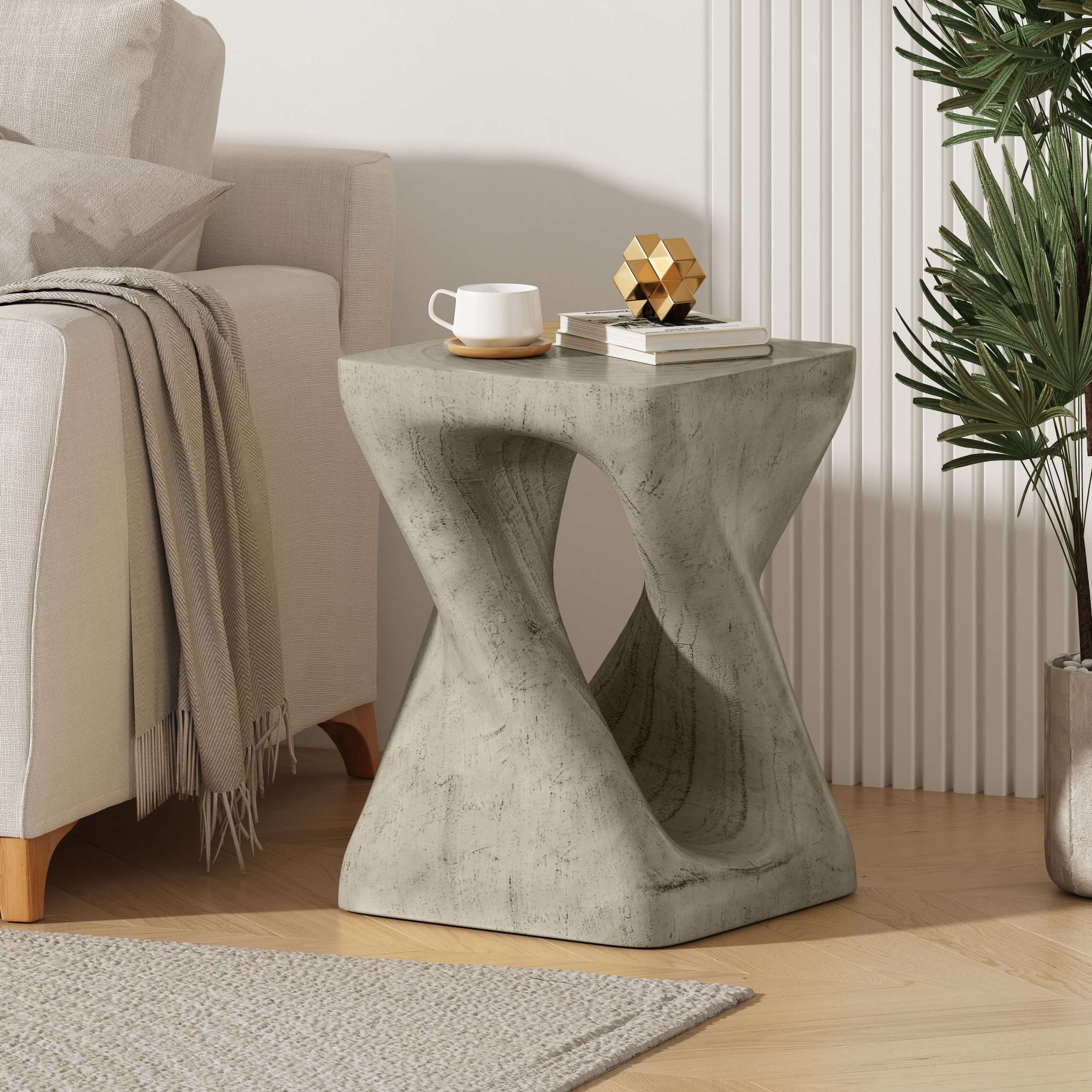 MGO Twist Shape Side Table, Wood-like texture, Grey Color - Image 2