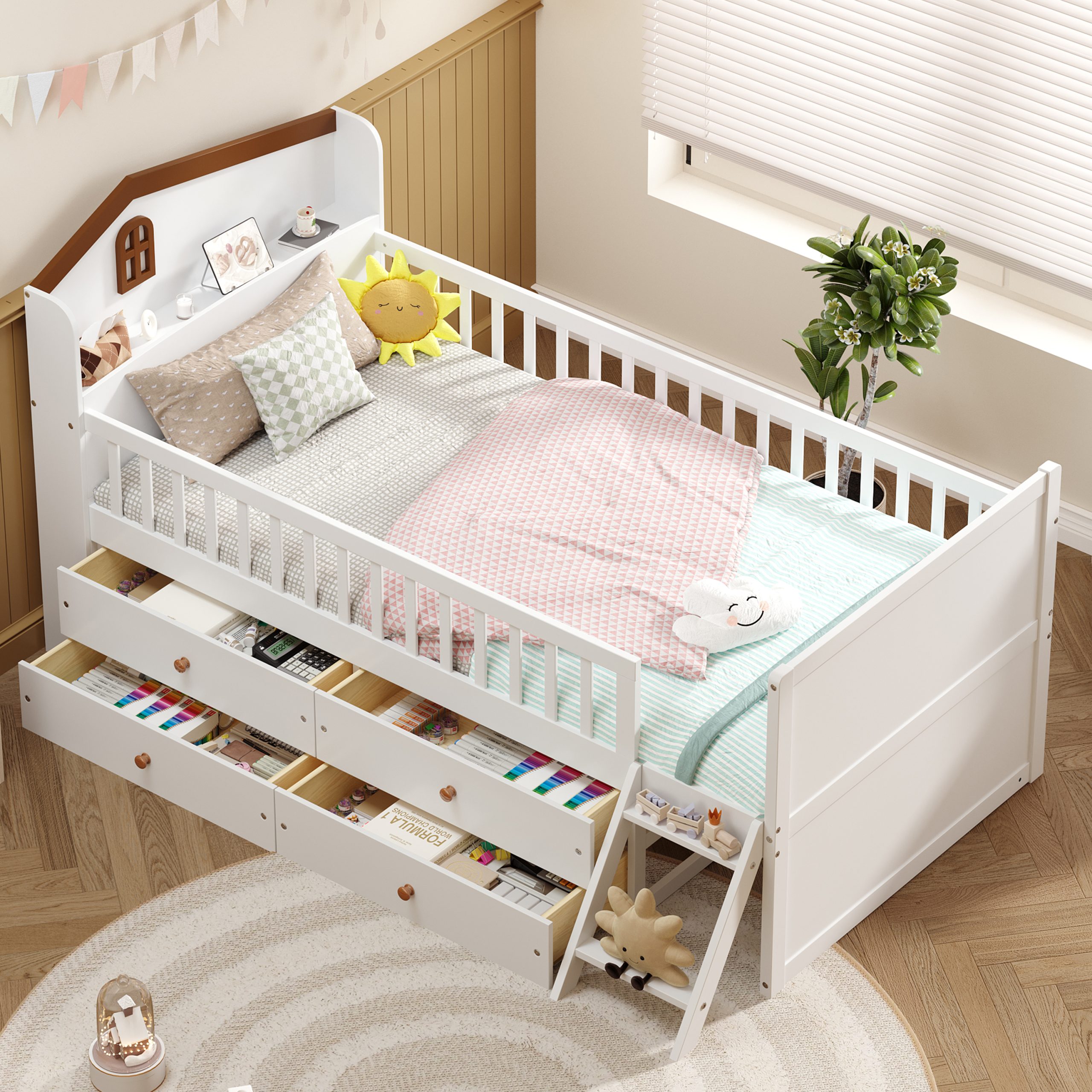 Twin Bed Frame with Storage 4 Drawers,Wooden Bed Frame for Kids,Platform Twin Size Bed with Guardrail Headboard and Ladder, No Box Spring Needed, Easy Assembly, White - Image 1