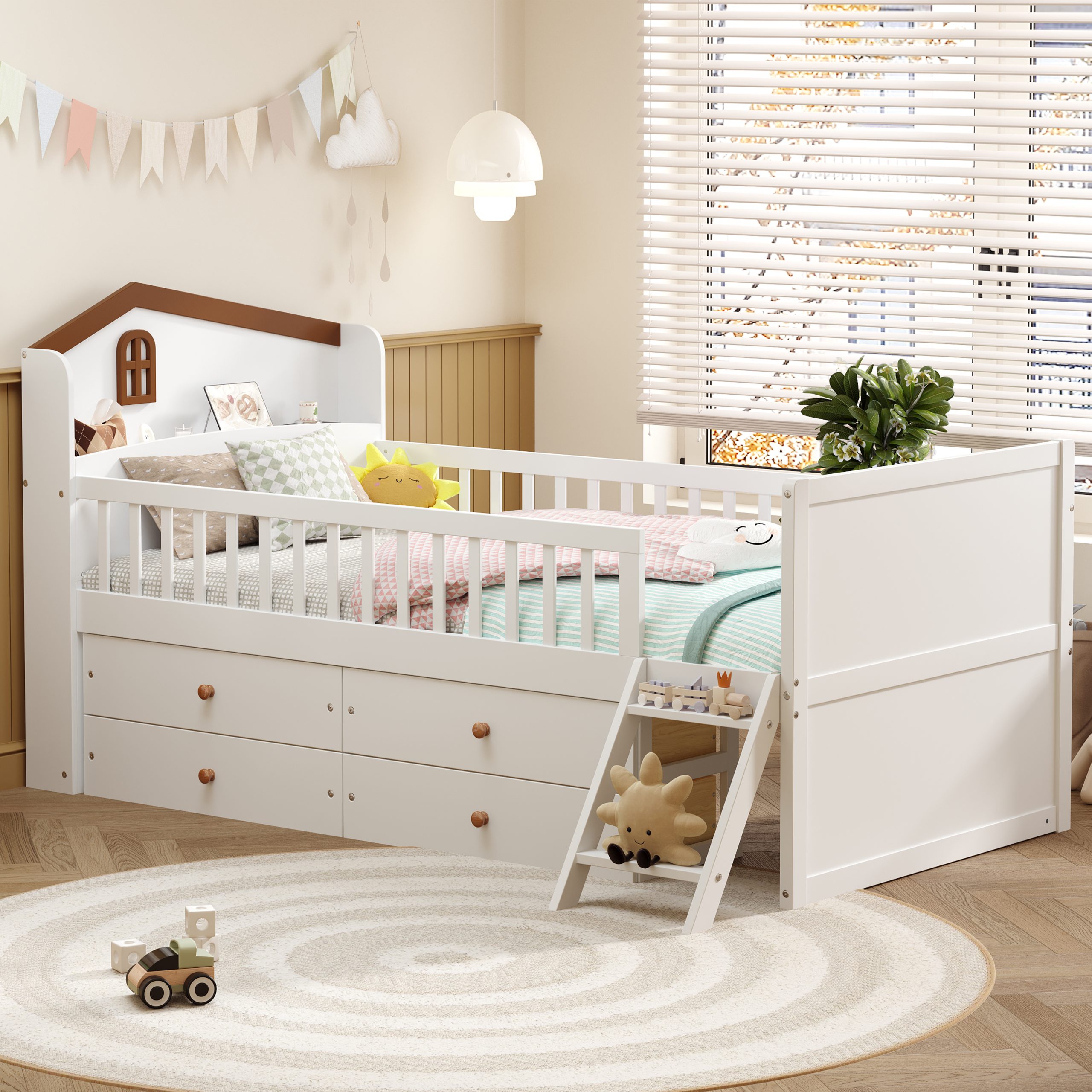Twin Bed Frame with Storage 4 Drawers,Wooden Bed Frame for Kids,Platform Twin Size Bed with Guardrail Headboard and Ladder, No Box Spring Needed, Easy Assembly, White - Image 2