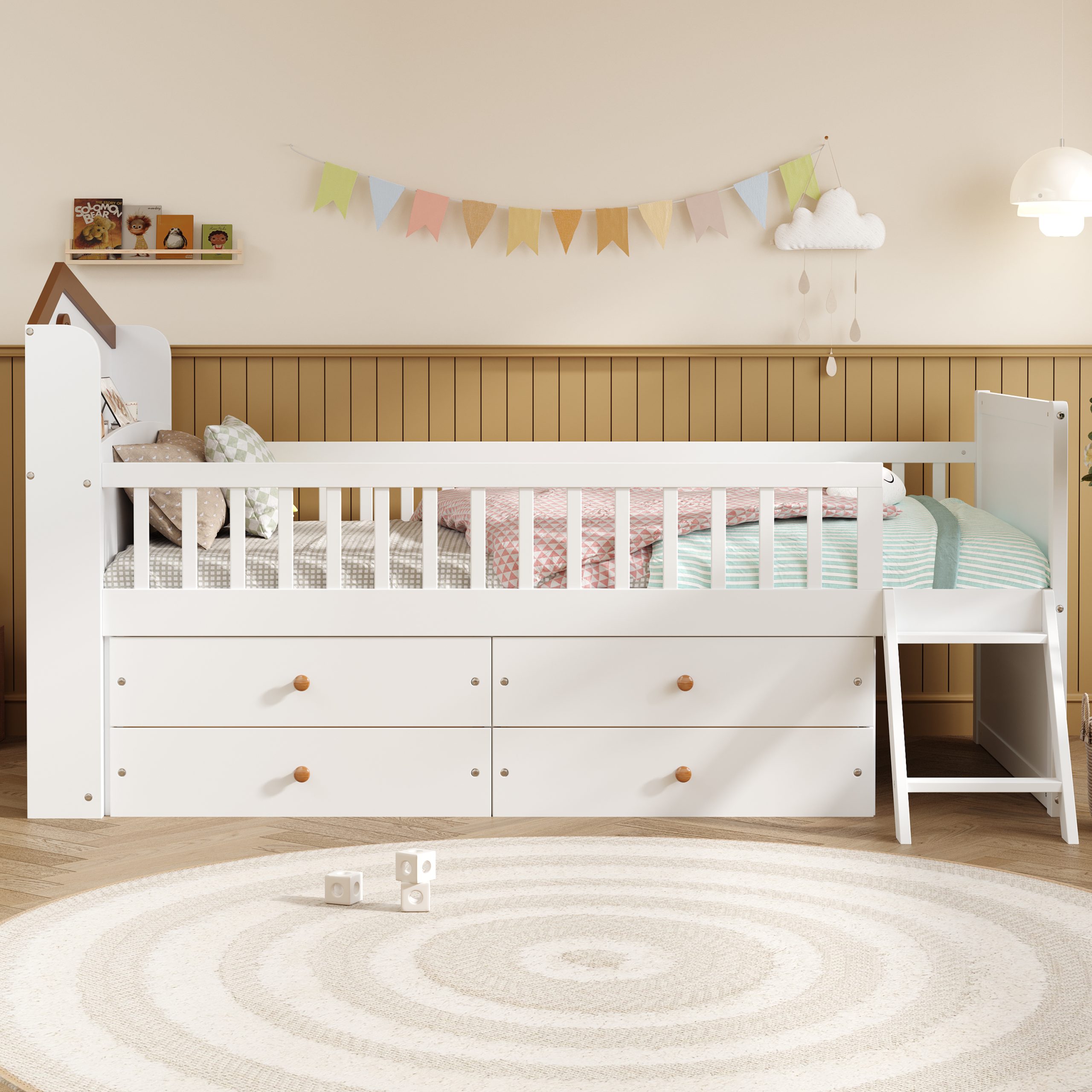 Twin Bed Frame with Storage 4 Drawers,Wooden Bed Frame for Kids,Platform Twin Size Bed with Guardrail Headboard and Ladder, No Box Spring Needed, Easy Assembly, White - Image 3