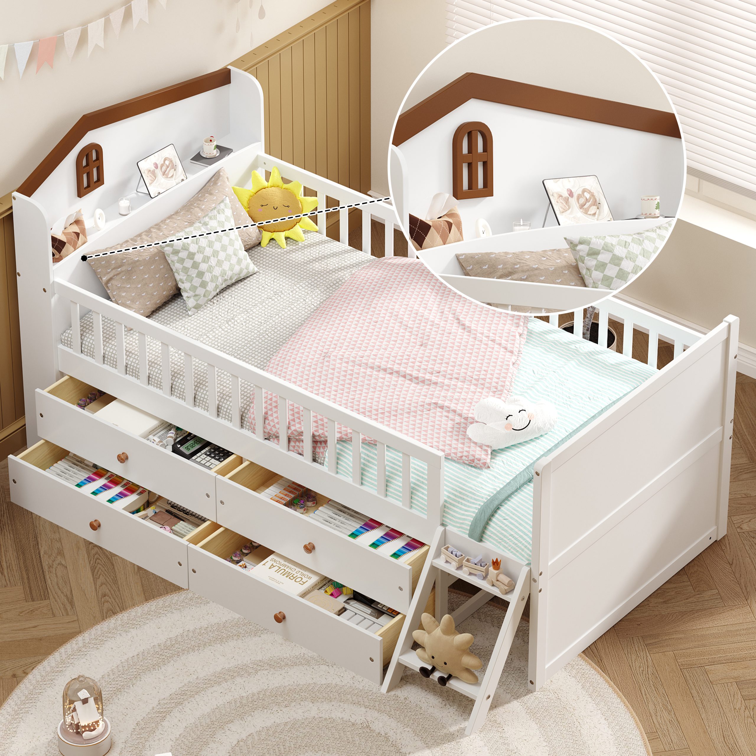 Twin Bed Frame with Storage 4 Drawers,Wooden Bed Frame for Kids,Platform Twin Size Bed with Guardrail Headboard and Ladder, No Box Spring Needed, Easy Assembly, White - Image 4