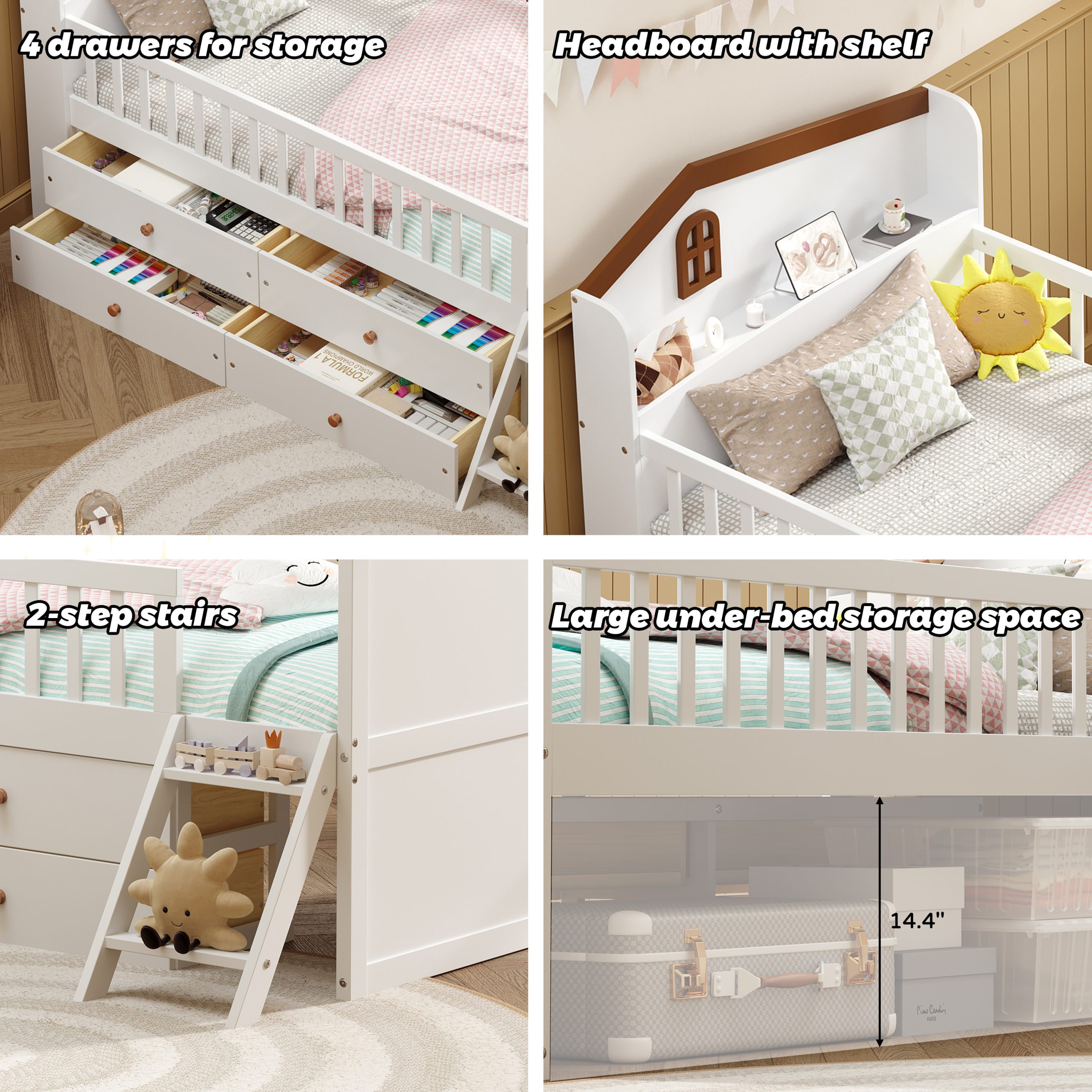 Twin Bed Frame with Storage 4 Drawers,Wooden Bed Frame for Kids,Platform Twin Size Bed with Guardrail Headboard and Ladder, No Box Spring Needed, Easy Assembly, White - Image 5