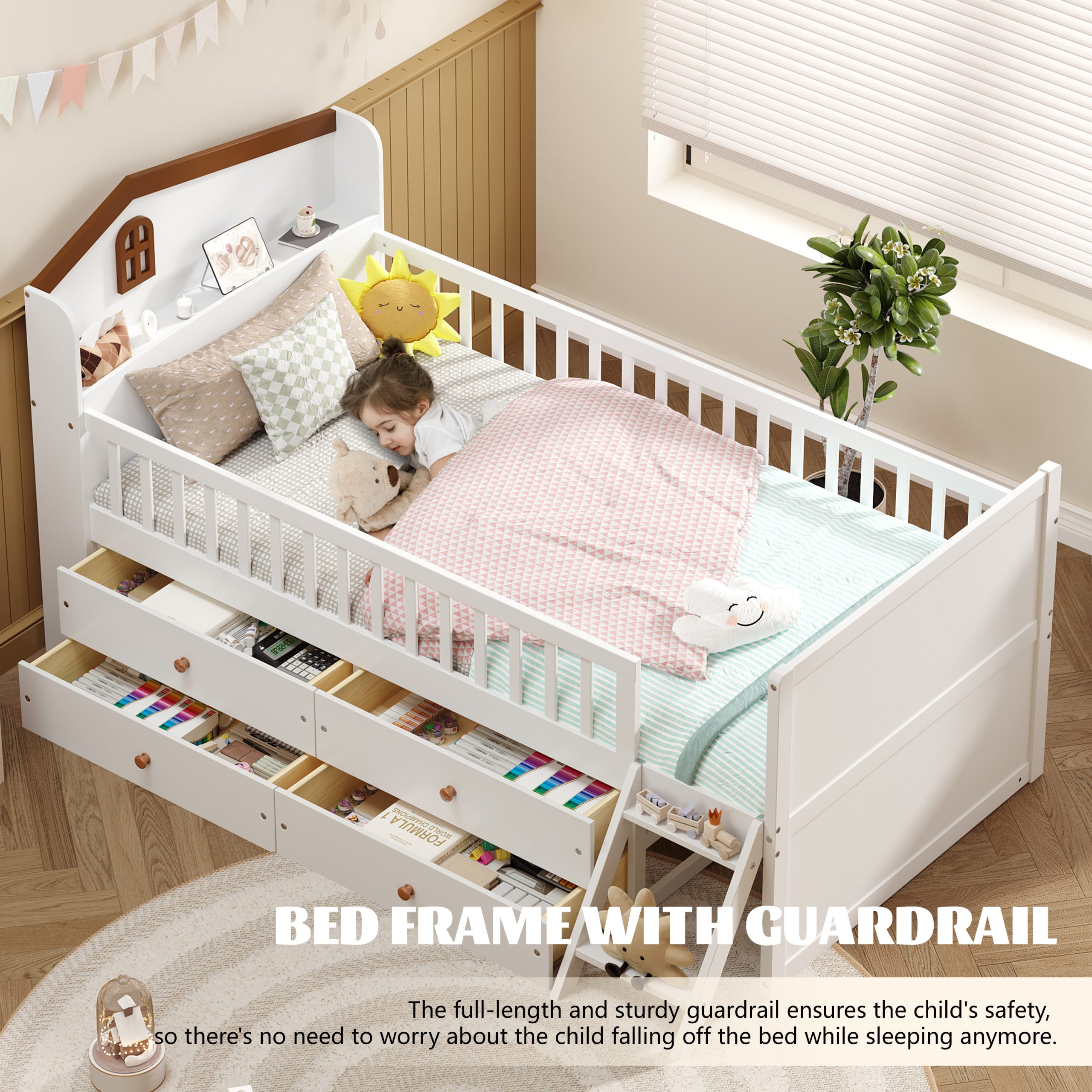 Twin Bed Frame with Storage 4 Drawers,Wooden Bed Frame for Kids,Platform Twin Size Bed with Guardrail Headboard and Ladder, No Box Spring Needed, Easy Assembly, White - Image 6