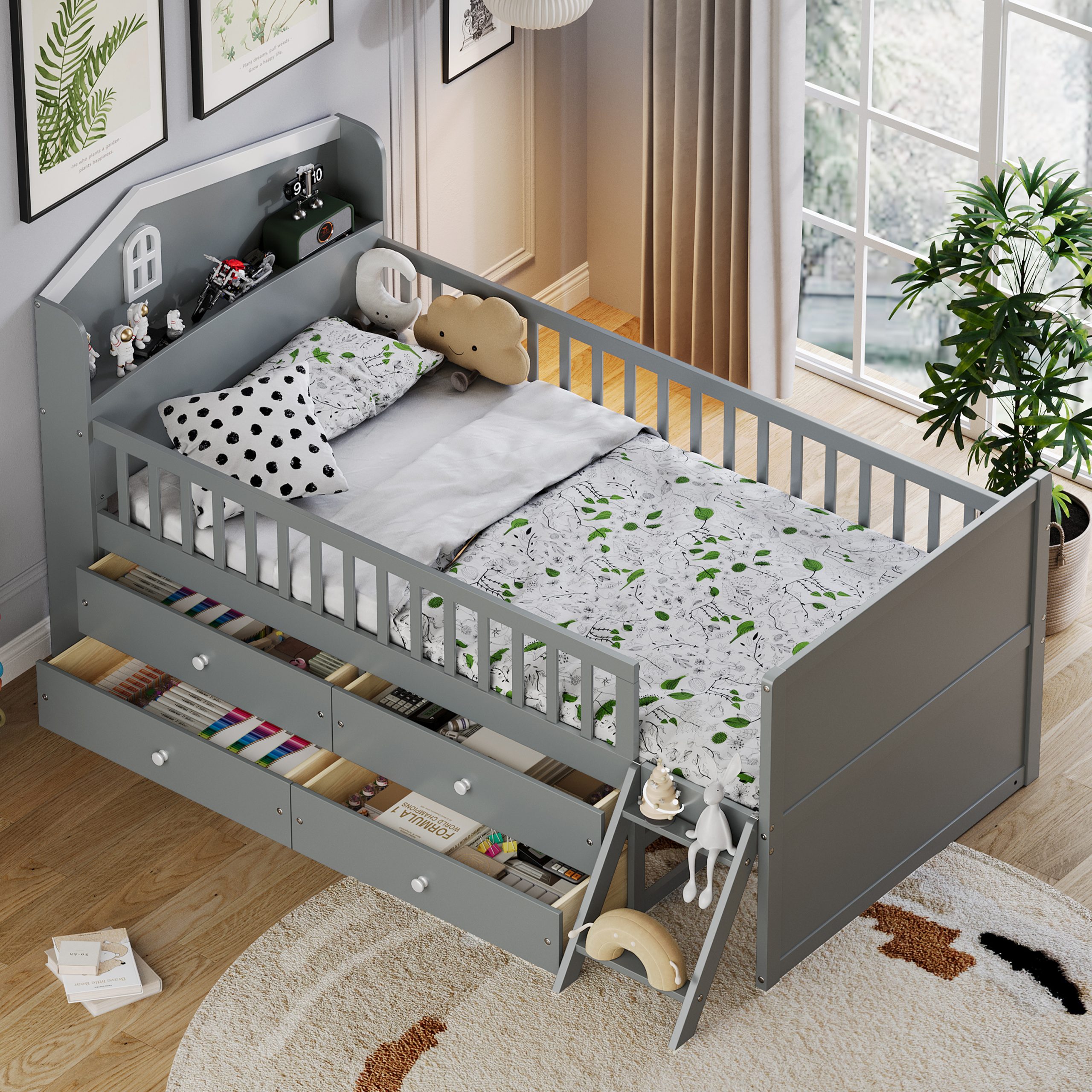 Twin Bed Frame with Storage 4 Drawers,Wooden Bed Frame for Kids,Platform Twin Size Bed with Guardrail Headboard and Ladder, No Box Spring Needed, Easy Assembly, Gray - Image 1