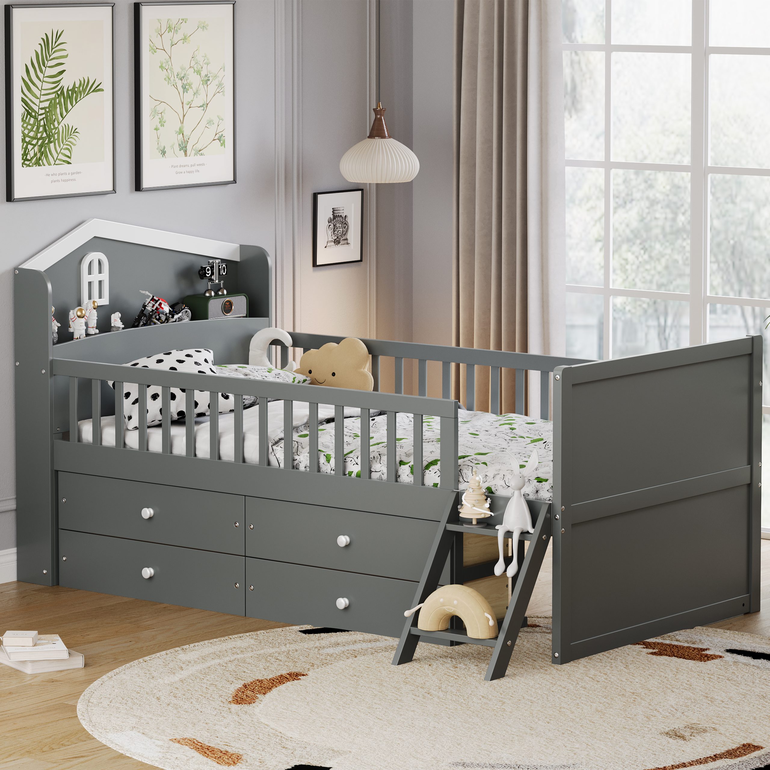 Twin Bed Frame with Storage 4 Drawers,Wooden Bed Frame for Kids,Platform Twin Size Bed with Guardrail Headboard and Ladder, No Box Spring Needed, Easy Assembly, Gray - Image 2