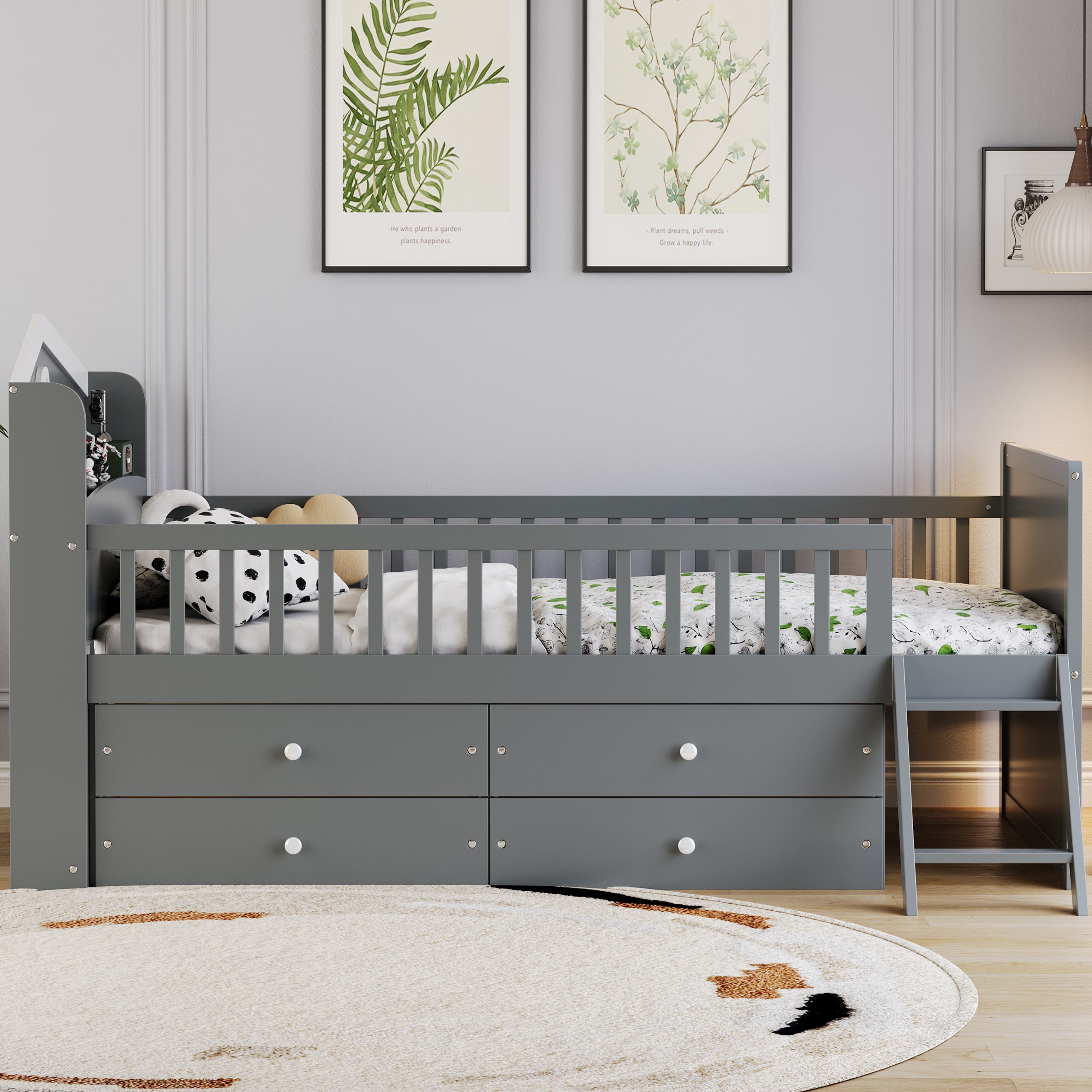 Twin Bed Frame with Storage 4 Drawers,Wooden Bed Frame for Kids,Platform Twin Size Bed with Guardrail Headboard and Ladder, No Box Spring Needed, Easy Assembly, Gray - Image 3