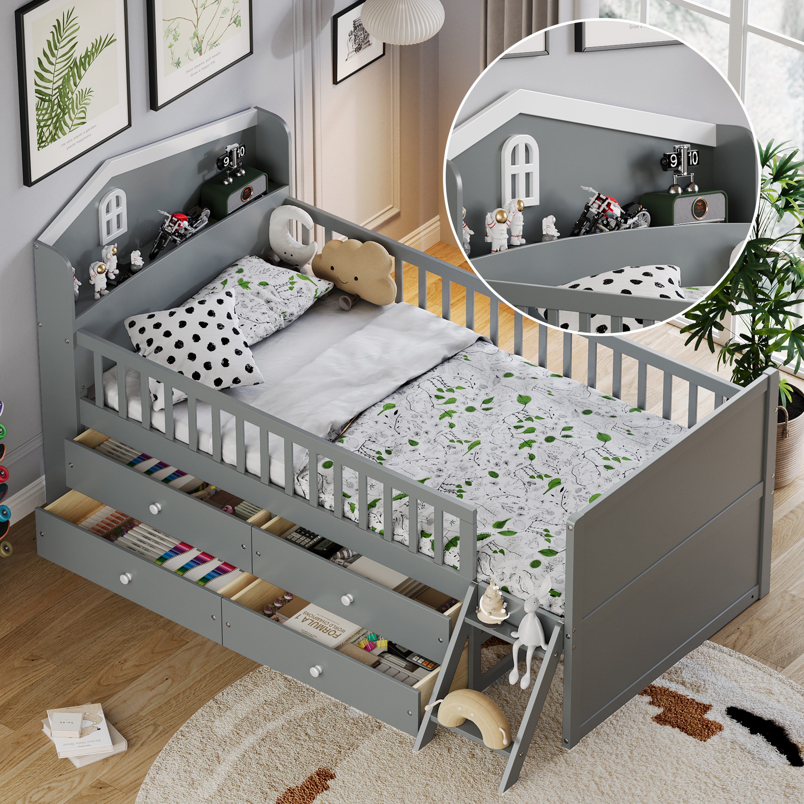 Twin Bed Frame with Storage 4 Drawers,Wooden Bed Frame for Kids,Platform Twin Size Bed with Guardrail Headboard and Ladder, No Box Spring Needed, Easy Assembly, Gray - Image 4