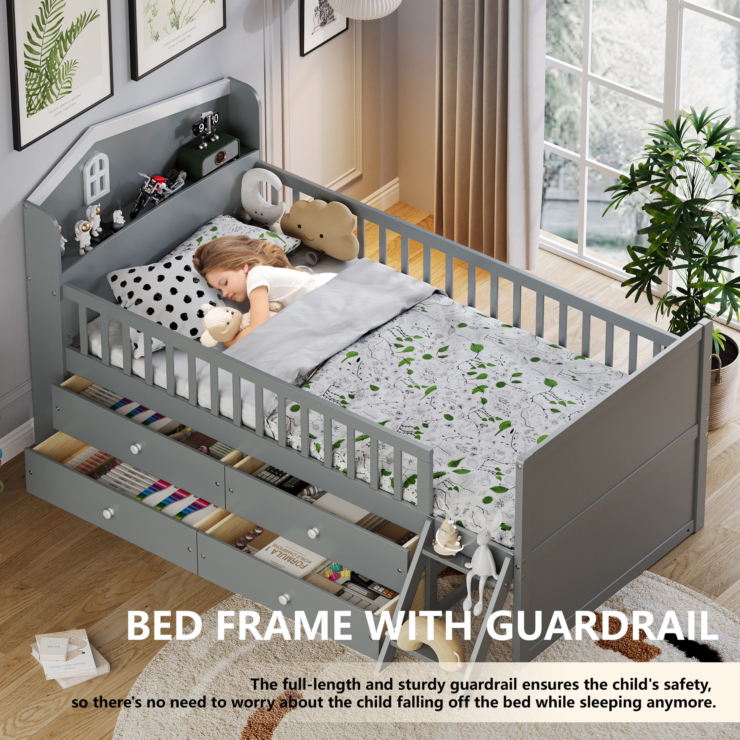 Twin Bed Frame with Storage 4 Drawers,Wooden Bed Frame for Kids,Platform Twin Size Bed with Guardrail Headboard and Ladder, No Box Spring Needed, Easy Assembly, Gray - Image 6