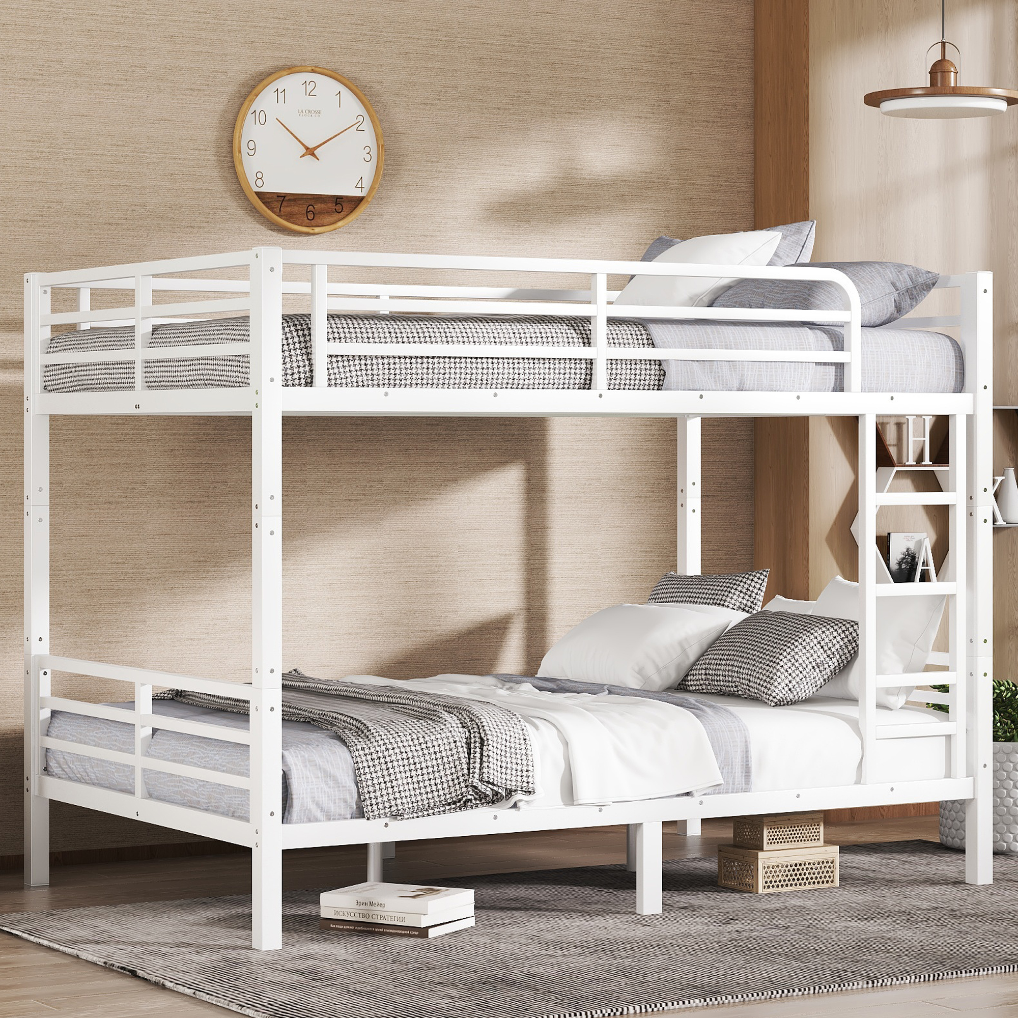 Metal Full XL over Full XL Bunk Bed for Teens and Adults,Space-Saving/Noise Reduced/No Box Spring Needed, White