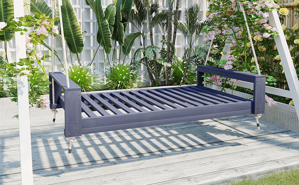 TOPMAX Twin Size Porch Swing Bed Seating Group, Patio Acacia Wood Swing Frame with Hemp Ropes for Garden, Backyard, Gray - Image 2