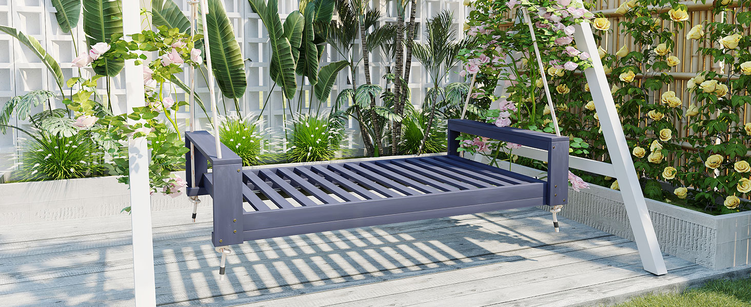 TOPMAX Twin Size Porch Swing Bed Seating Group, Patio Acacia Wood Swing Frame with Hemp Ropes for Garden, Backyard, Gray - Image 3