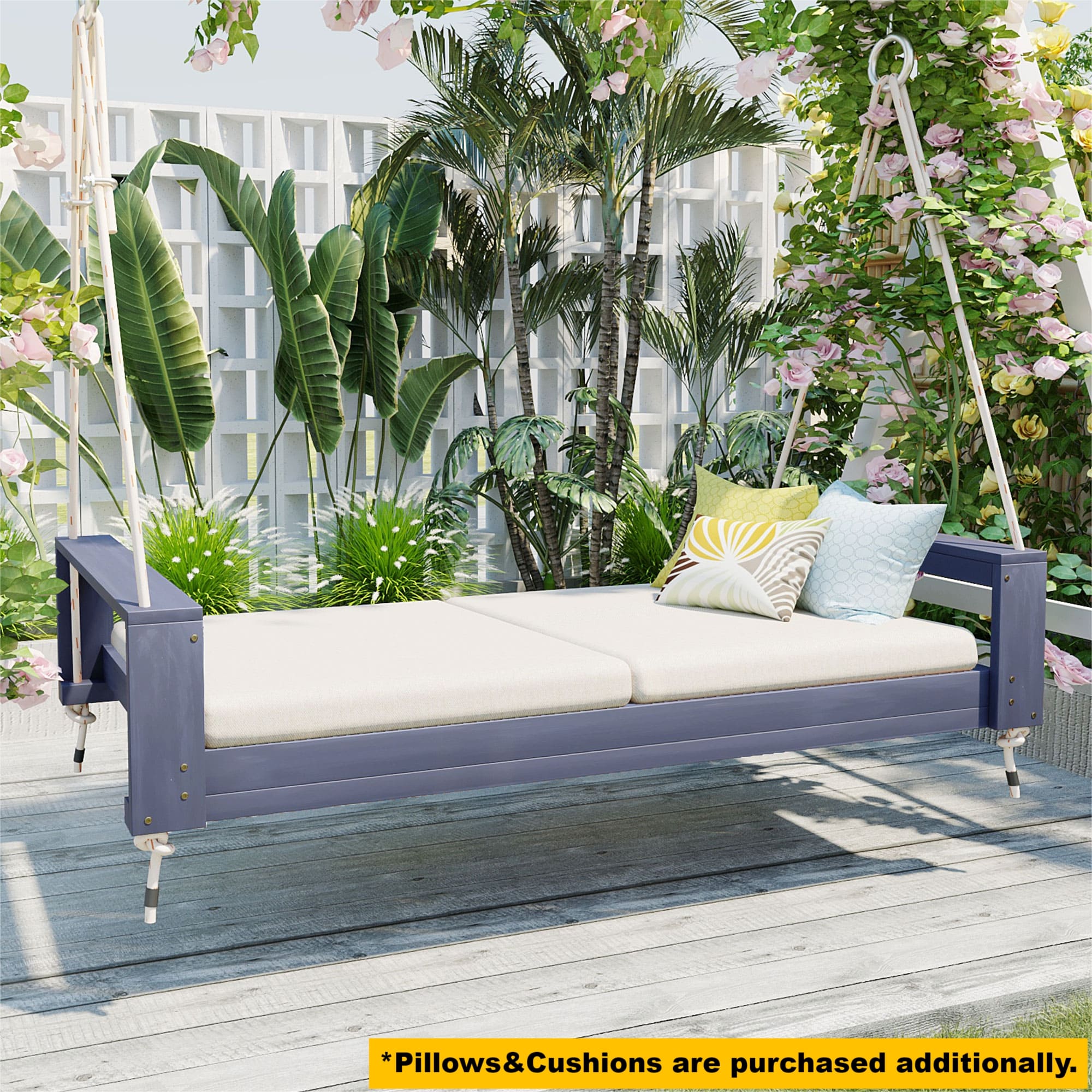 TOPMAX Twin Size Porch Swing Bed Seating Group, Patio Acacia Wood Swing Frame with Hemp Ropes for Garden, Backyard, Gray - Image 4