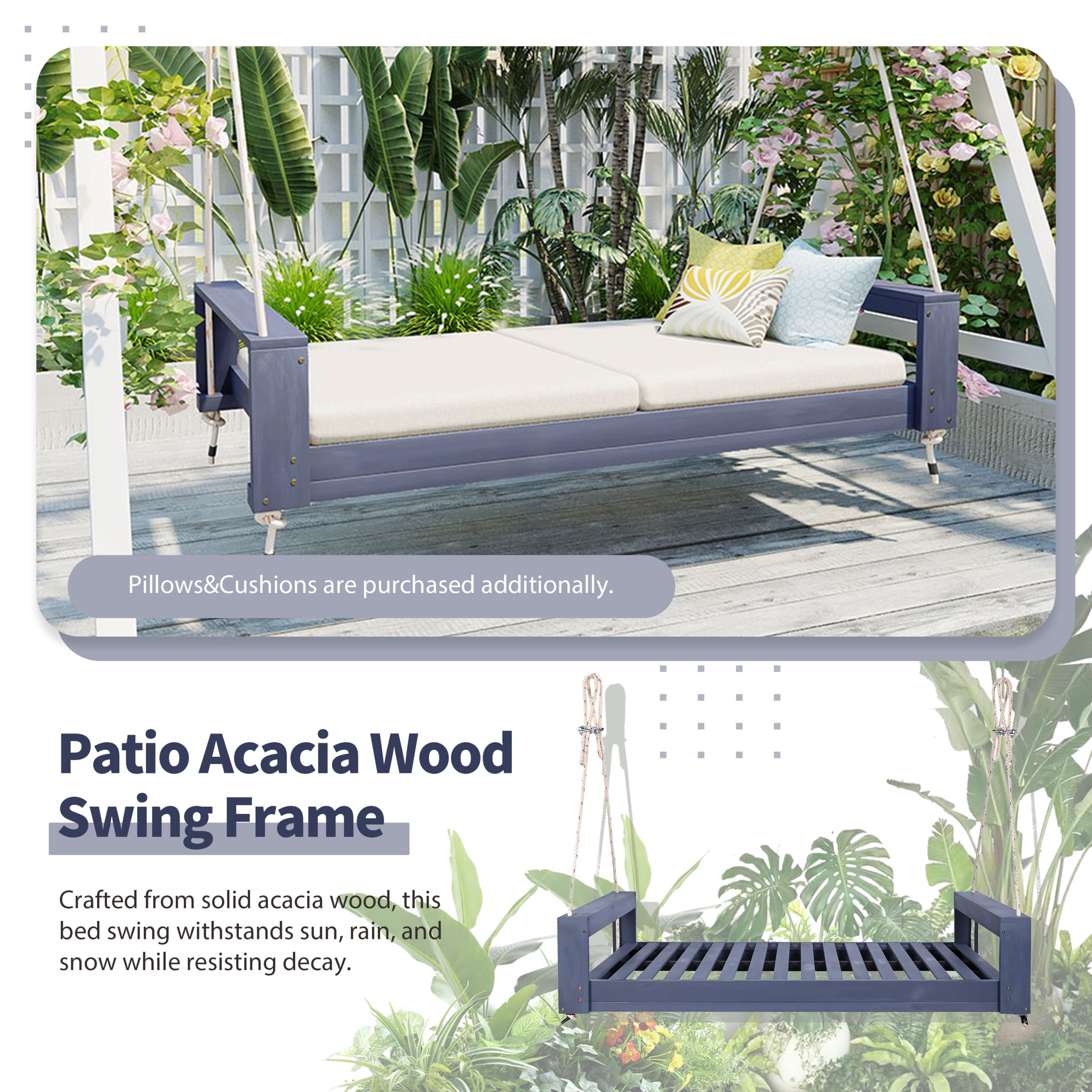 TOPMAX Twin Size Porch Swing Bed Seating Group, Patio Acacia Wood Swing Frame with Hemp Ropes for Garden, Backyard, Gray - Image 5