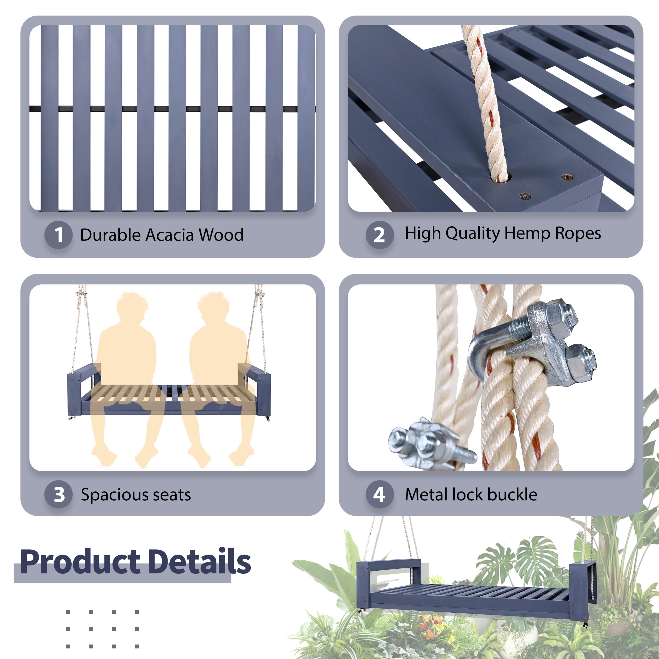 TOPMAX Twin Size Porch Swing Bed Seating Group, Patio Acacia Wood Swing Frame with Hemp Ropes for Garden, Backyard, Gray - Image 6