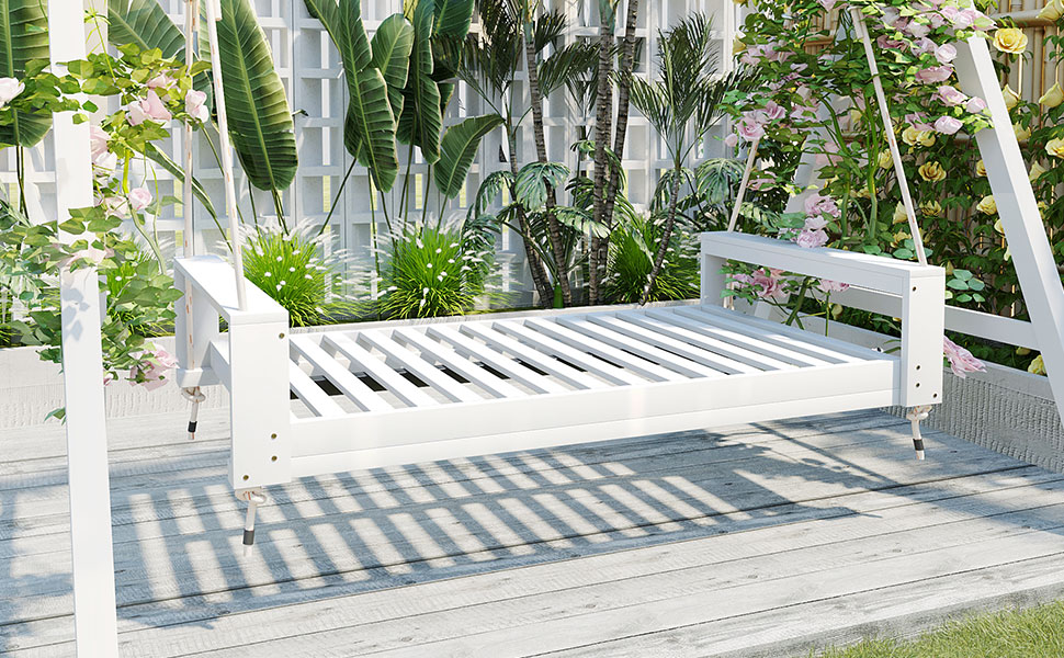 TOPMAX Twin Size Porch Swing Bed Seating Group, Patio Acacia Wood Swing Frame with Hemp Ropes for Garden, Backyard, White - Image 2