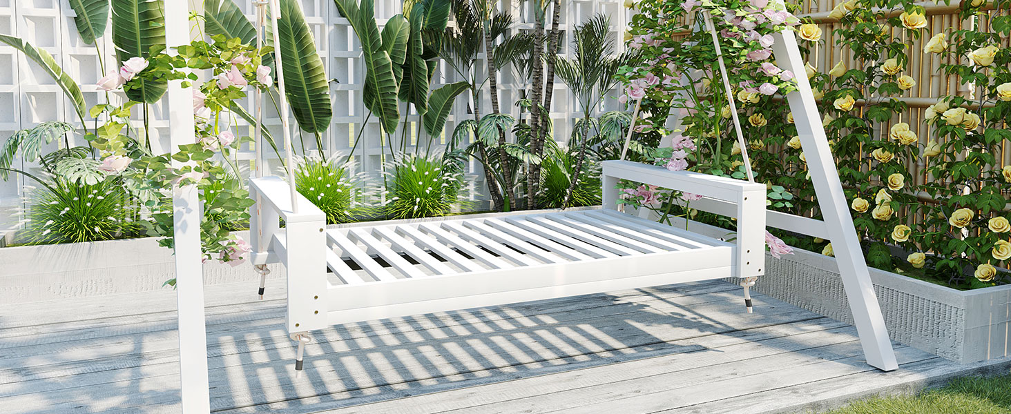 TOPMAX Twin Size Porch Swing Bed Seating Group, Patio Acacia Wood Swing Frame with Hemp Ropes for Garden, Backyard, White - Image 3