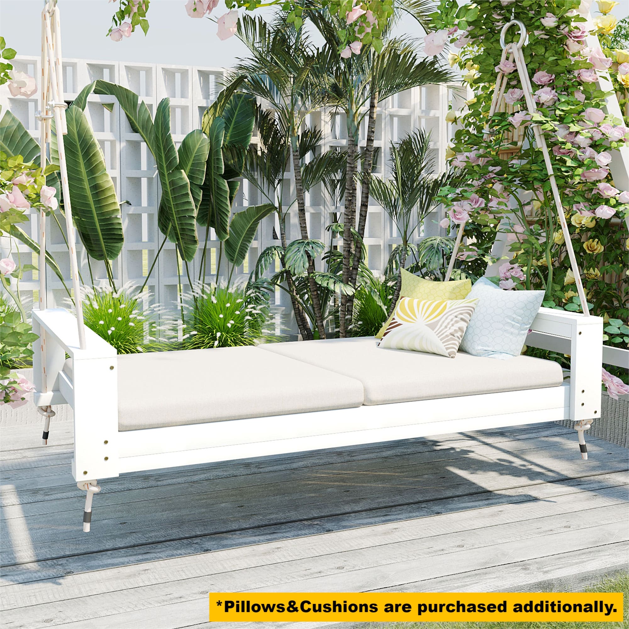 TOPMAX Twin Size Porch Swing Bed Seating Group, Patio Acacia Wood Swing Frame with Hemp Ropes for Garden, Backyard, White - Image 4