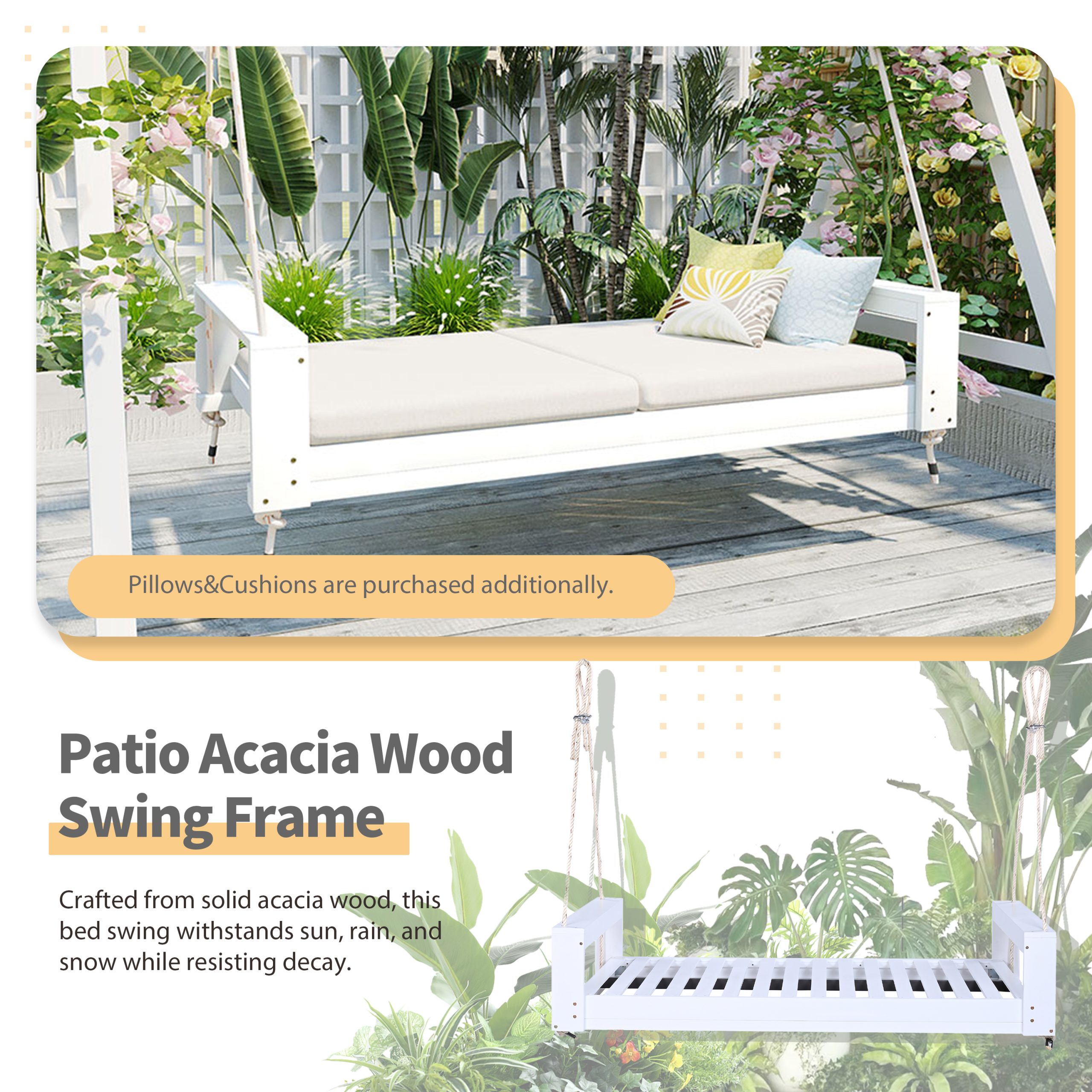 TOPMAX Twin Size Porch Swing Bed Seating Group, Patio Acacia Wood Swing Frame with Hemp Ropes for Garden, Backyard, White - Image 5