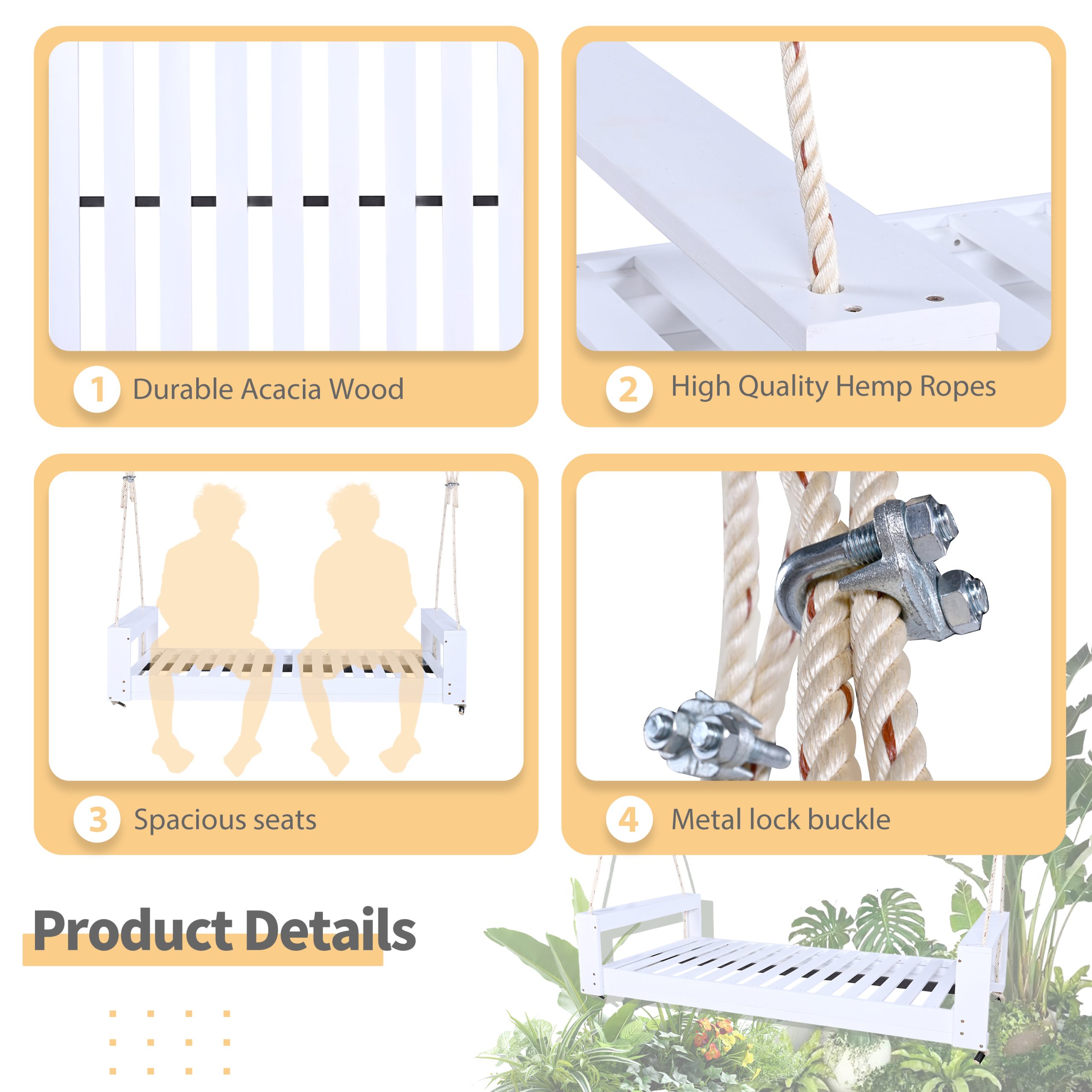 TOPMAX Twin Size Porch Swing Bed Seating Group, Patio Acacia Wood Swing Frame with Hemp Ropes for Garden, Backyard, White - Image 6