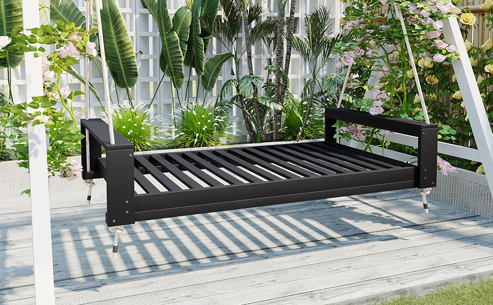 TOPMAX Twin Size Porch Swing Bed Seating Group, Patio Acacia Wood Swing Frame with Hemp Ropes for Garden, Backyard, Black - Image 2