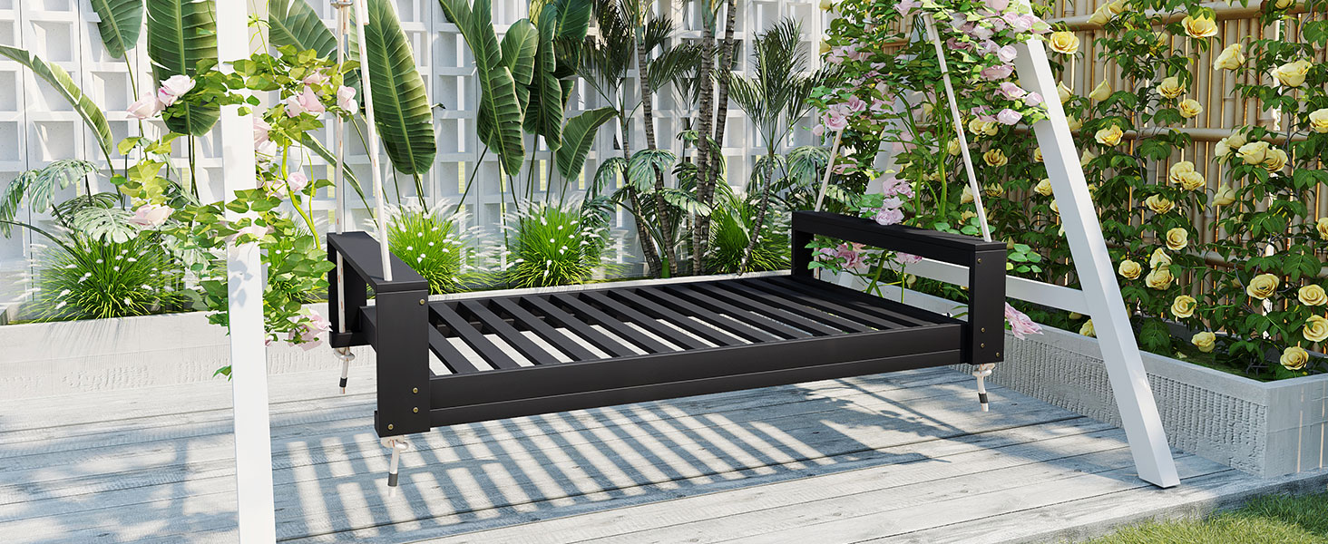 TOPMAX Twin Size Porch Swing Bed Seating Group, Patio Acacia Wood Swing Frame with Hemp Ropes for Garden, Backyard, Black - Image 3