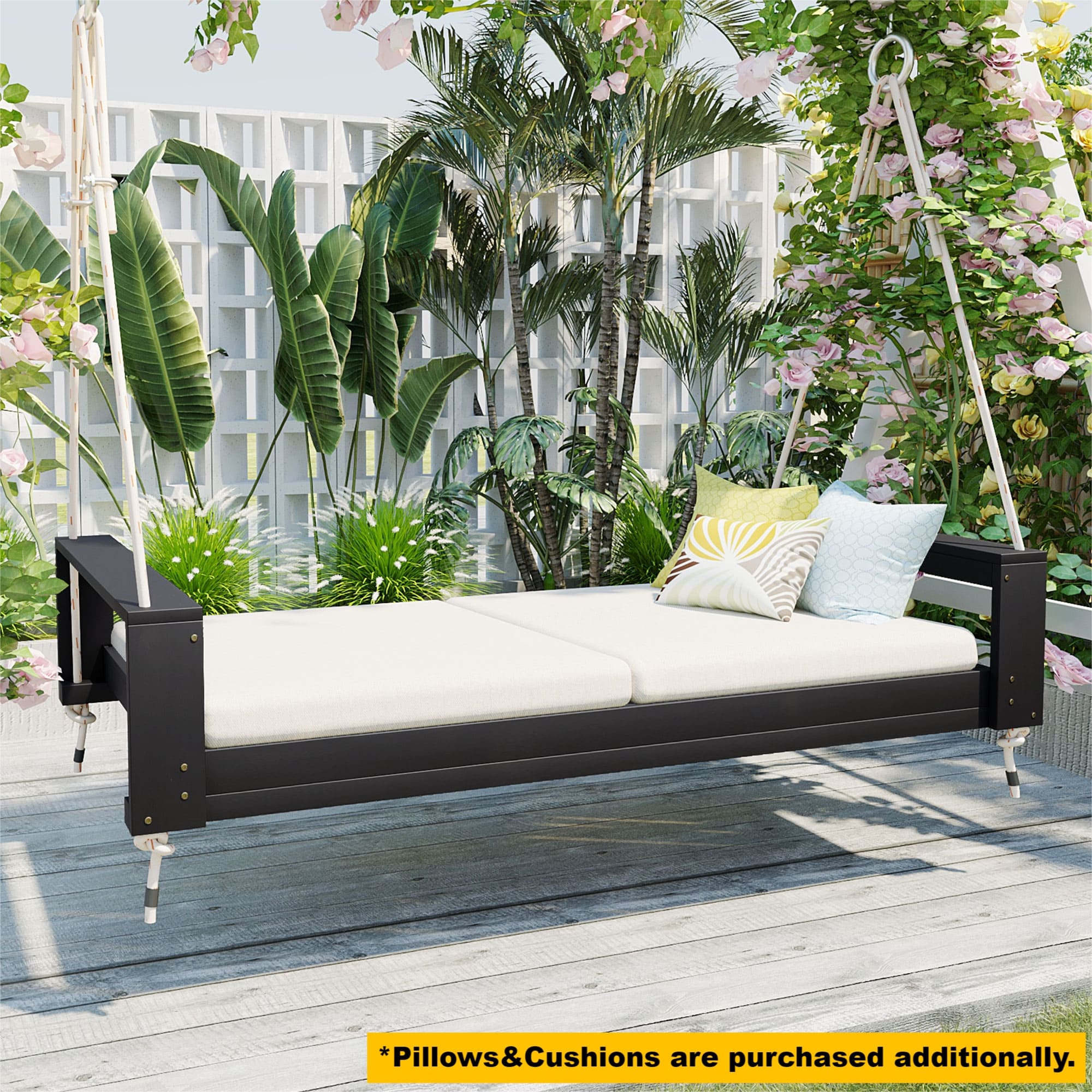 TOPMAX Twin Size Porch Swing Bed Seating Group, Patio Acacia Wood Swing Frame with Hemp Ropes for Garden, Backyard, Black - Image 4