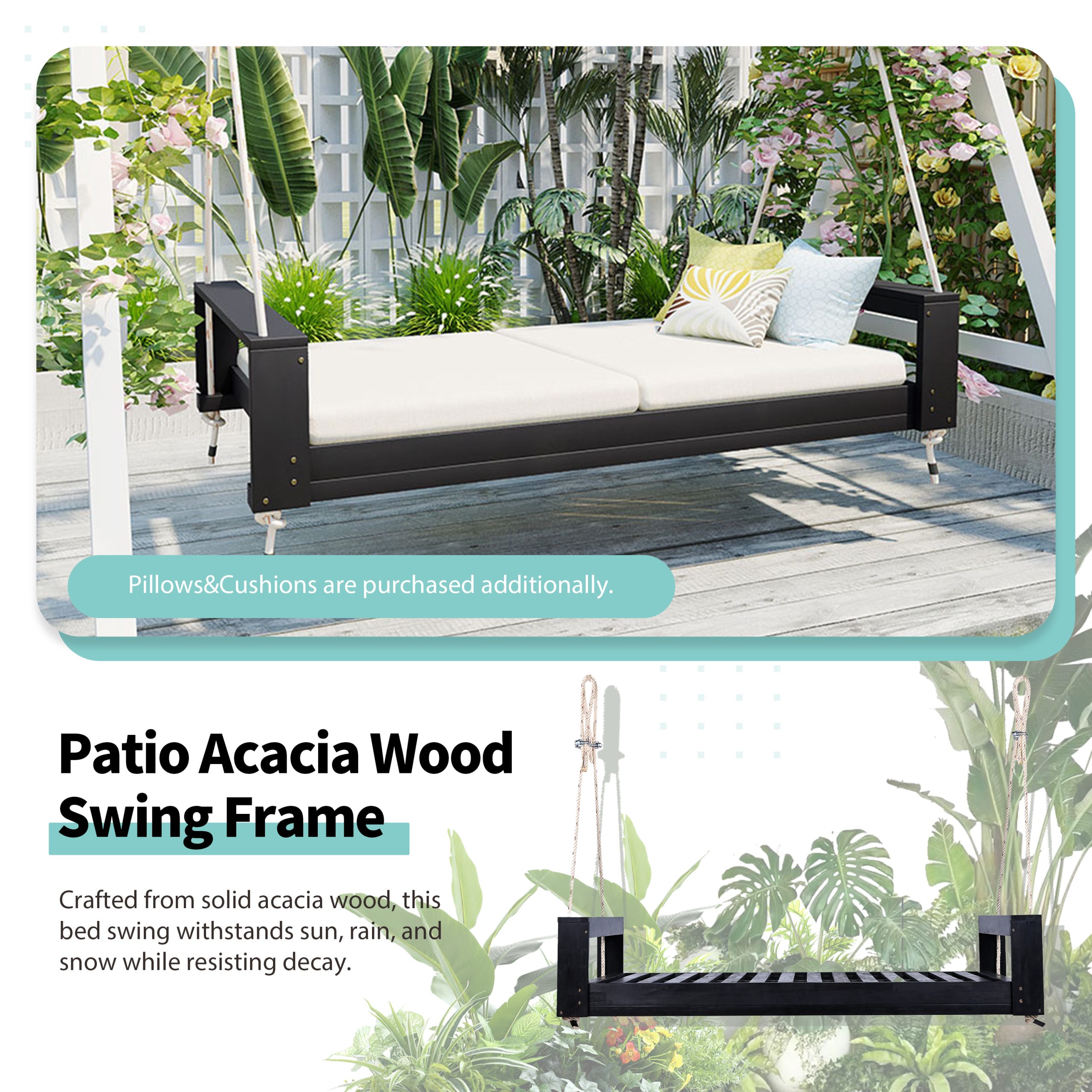 TOPMAX Twin Size Porch Swing Bed Seating Group, Patio Acacia Wood Swing Frame with Hemp Ropes for Garden, Backyard, Black - Image 5