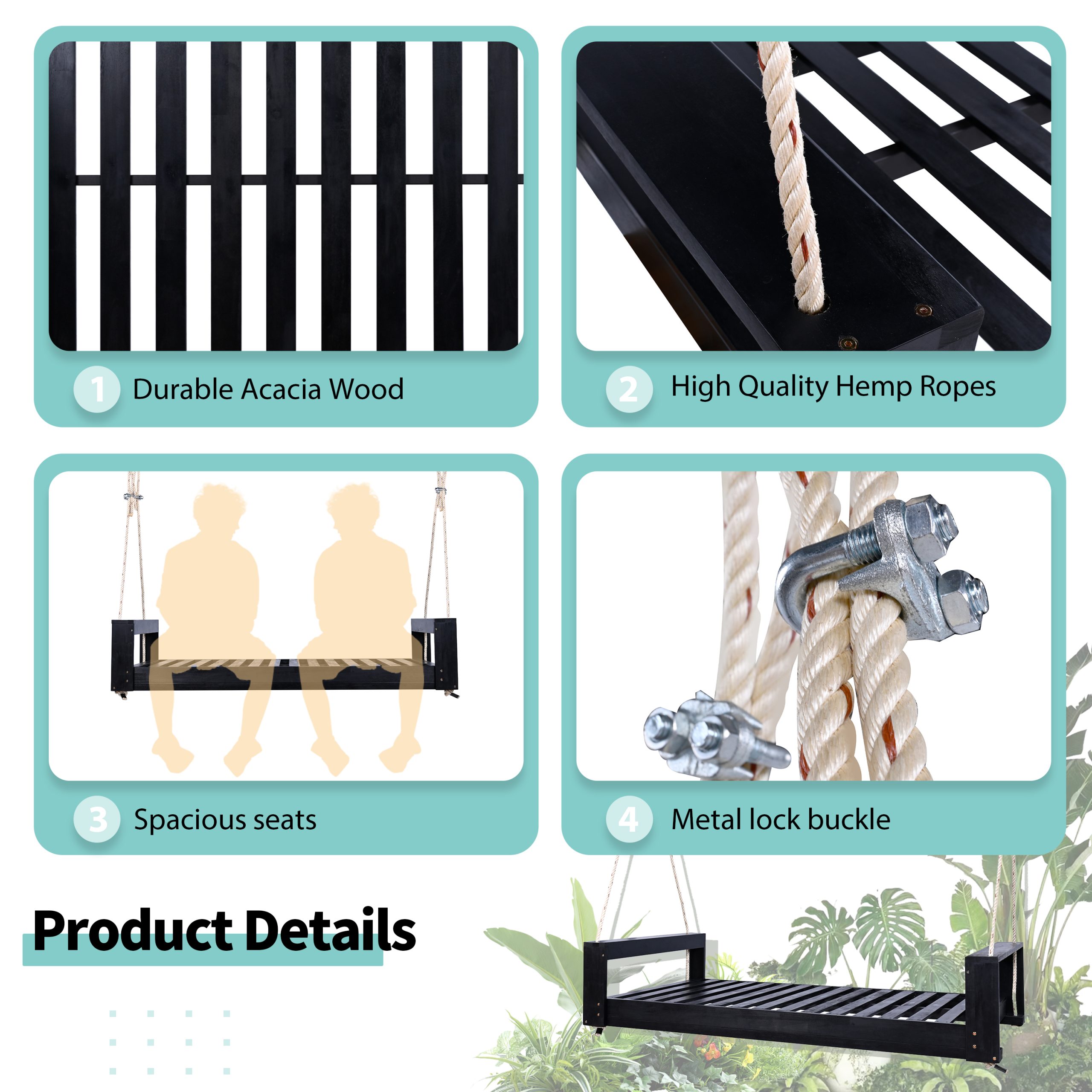 TOPMAX Twin Size Porch Swing Bed Seating Group, Patio Acacia Wood Swing Frame with Hemp Ropes for Garden, Backyard, Black - Image 6