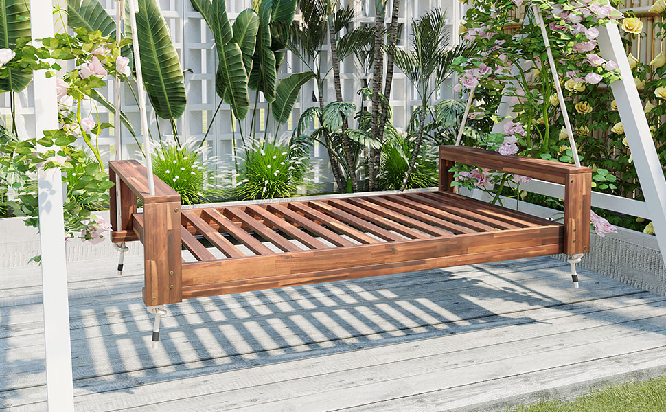 TOPMAX Twin Size Porch Swing Bed Seating Group, Patio Acacia Wood Swing Frame with Hemp Ropes for Garden, Backyard, Natural - Image 2