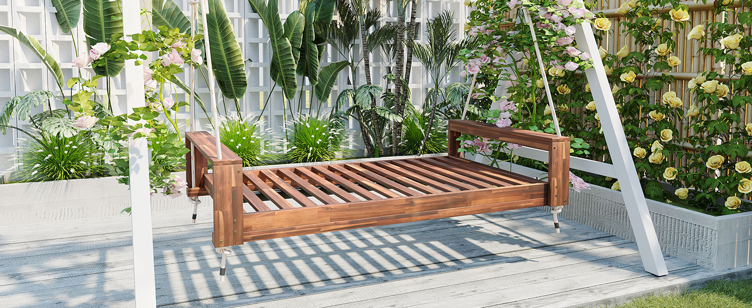 TOPMAX Twin Size Porch Swing Bed Seating Group, Patio Acacia Wood Swing Frame with Hemp Ropes for Garden, Backyard, Natural - Image 3