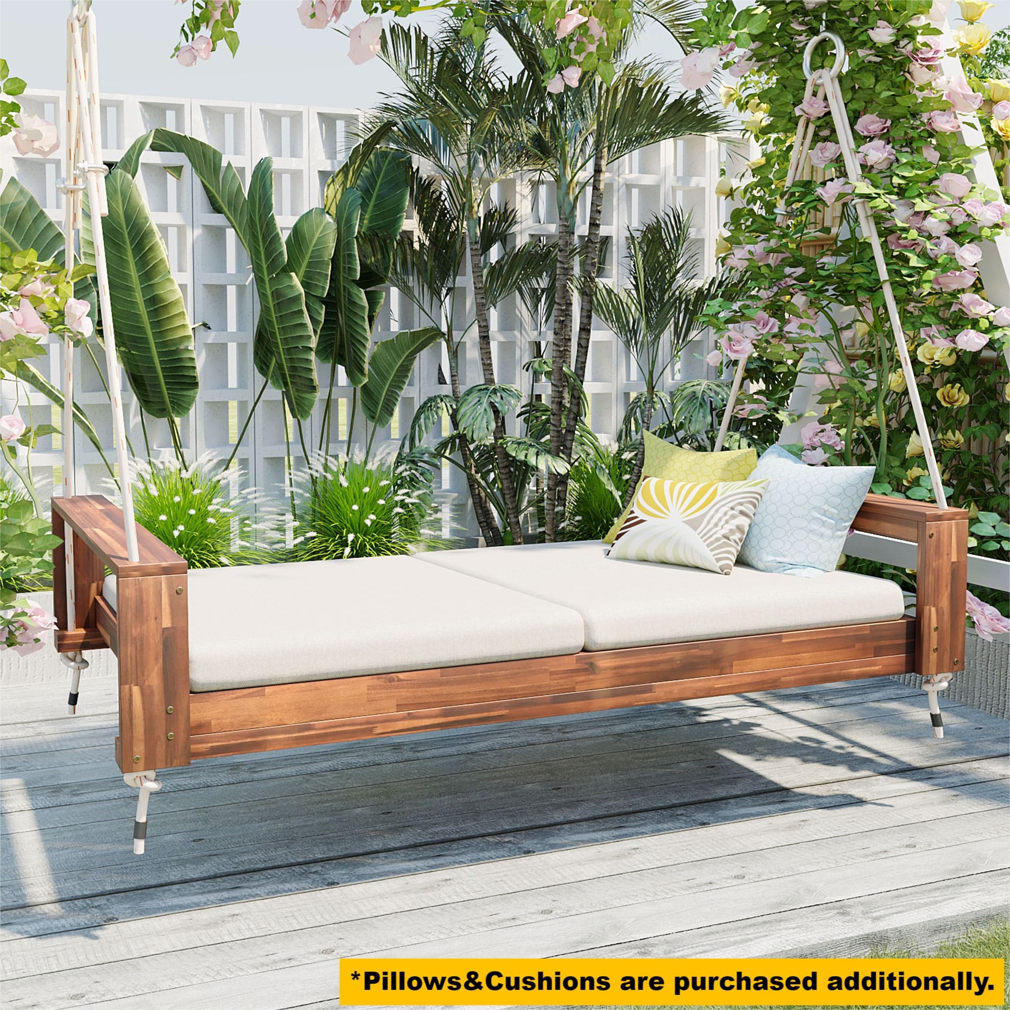 TOPMAX Twin Size Porch Swing Bed Seating Group, Patio Acacia Wood Swing Frame with Hemp Ropes for Garden, Backyard, Natural - Image 4